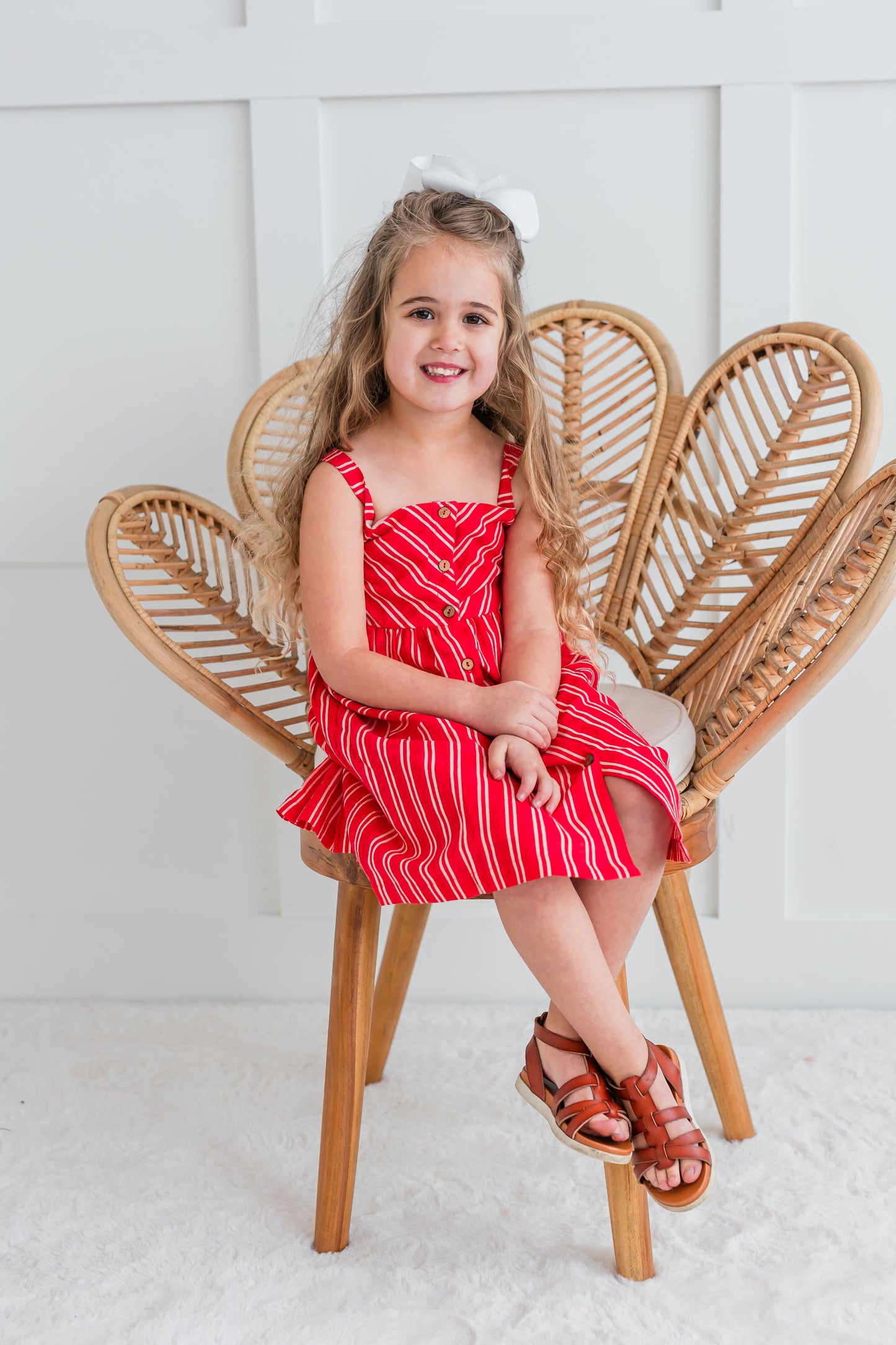 Red Striped Print Front Open Gathered Dress