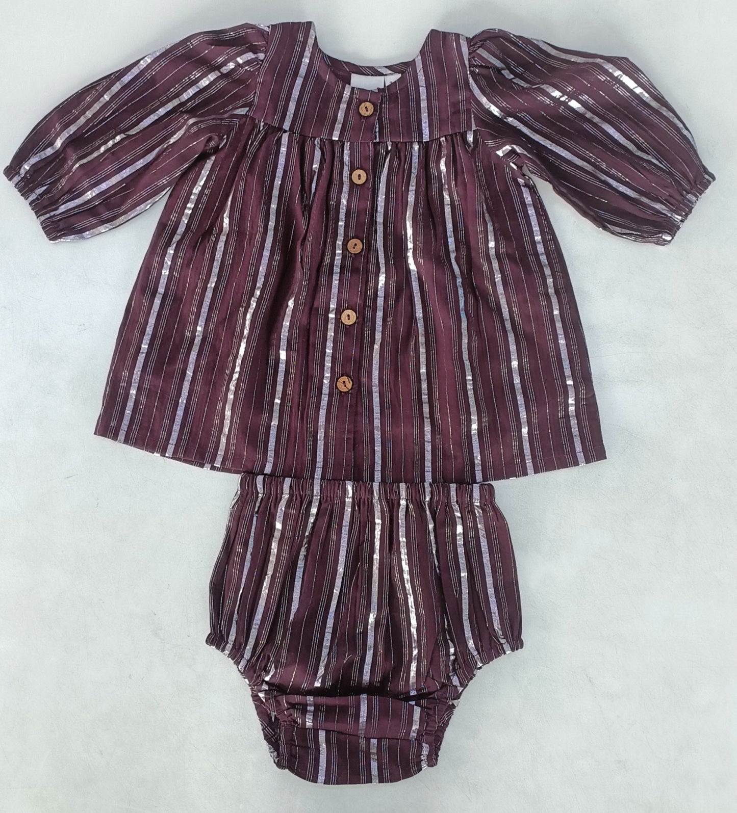 Burgundy Silver Lurex Gathered Long Sleeve Dress