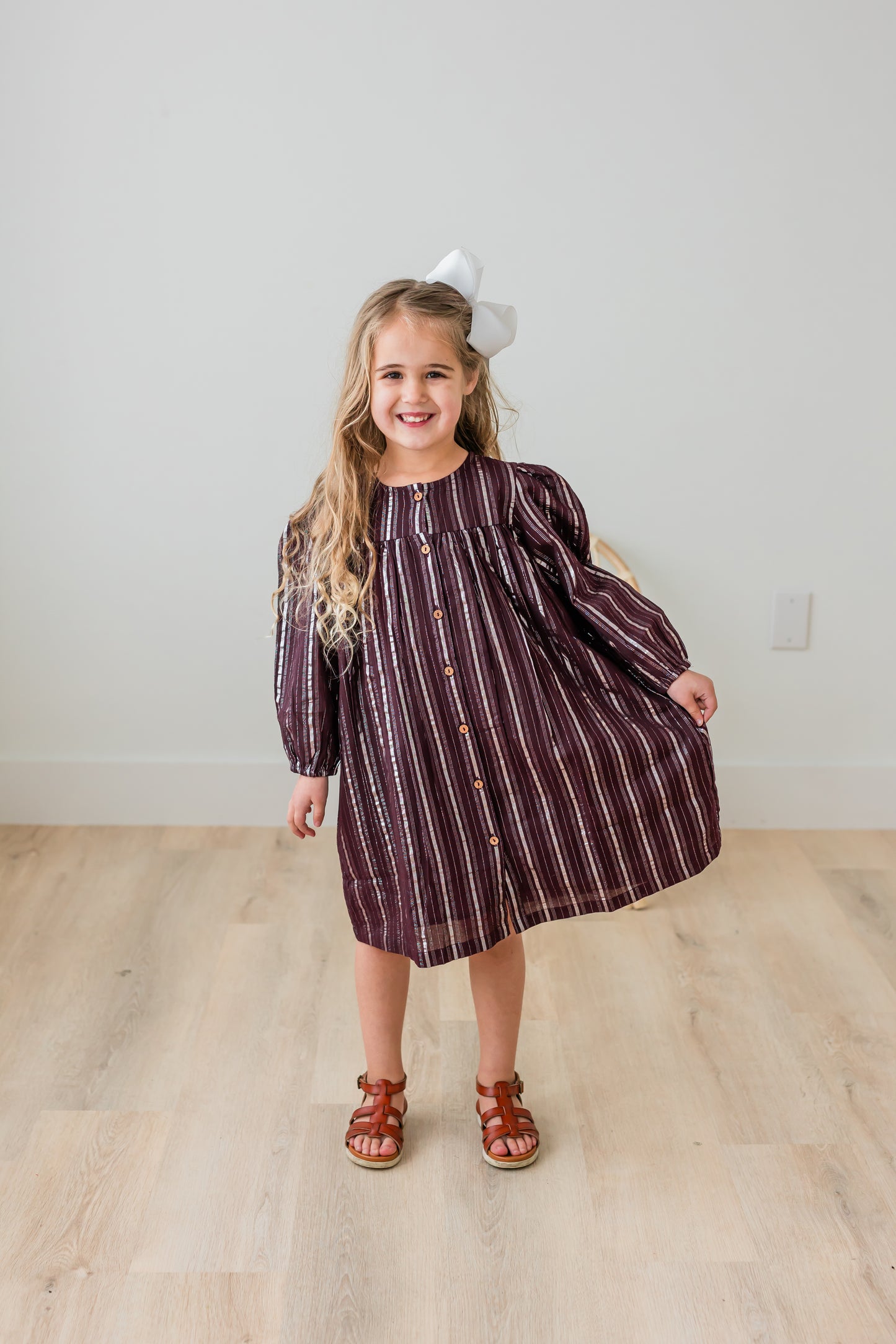 Burgundy Silver Lurex Gathered Long Sleeve Dress