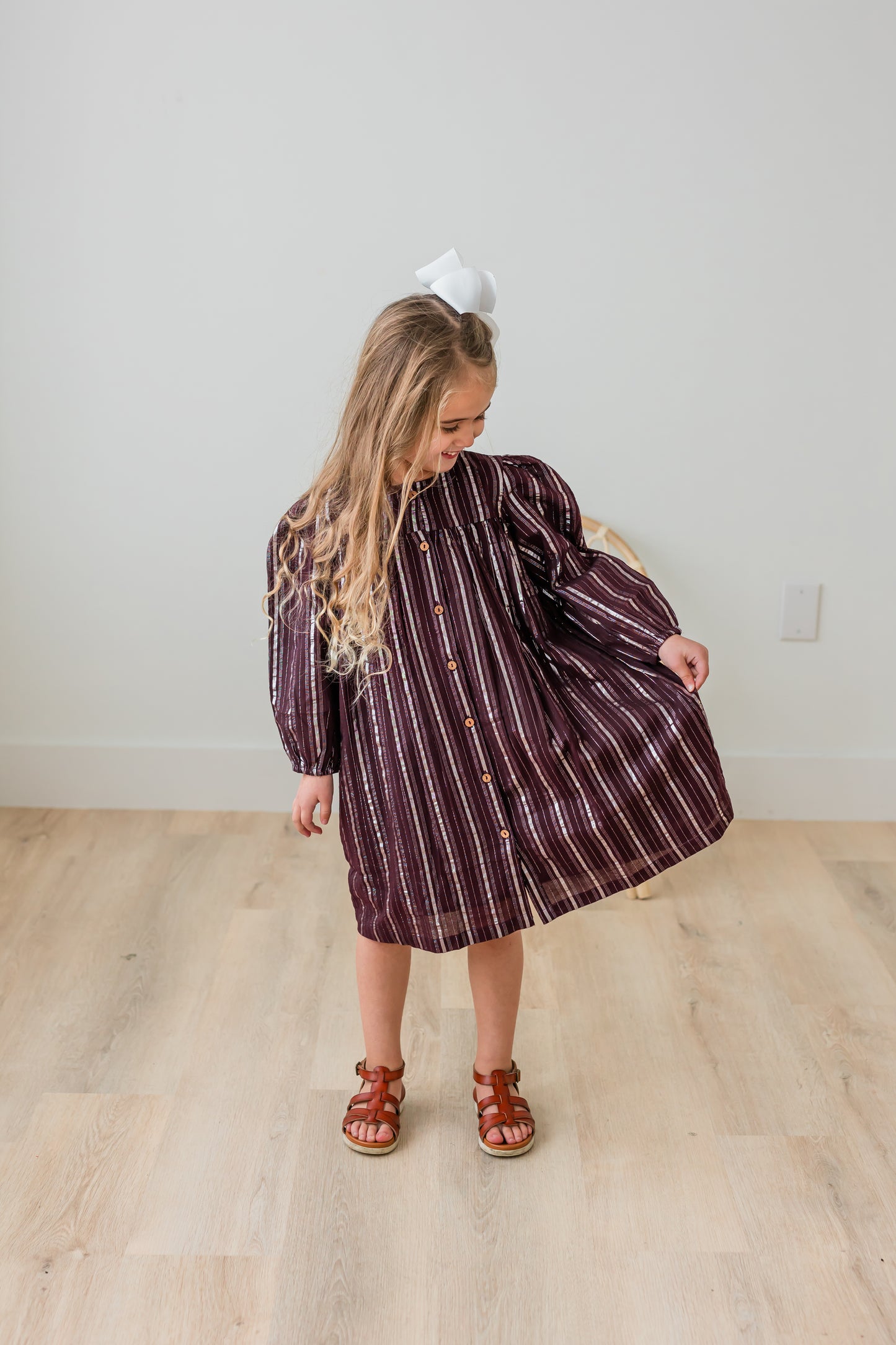 Burgundy Silver Lurex Gathered Long Sleeve Dress