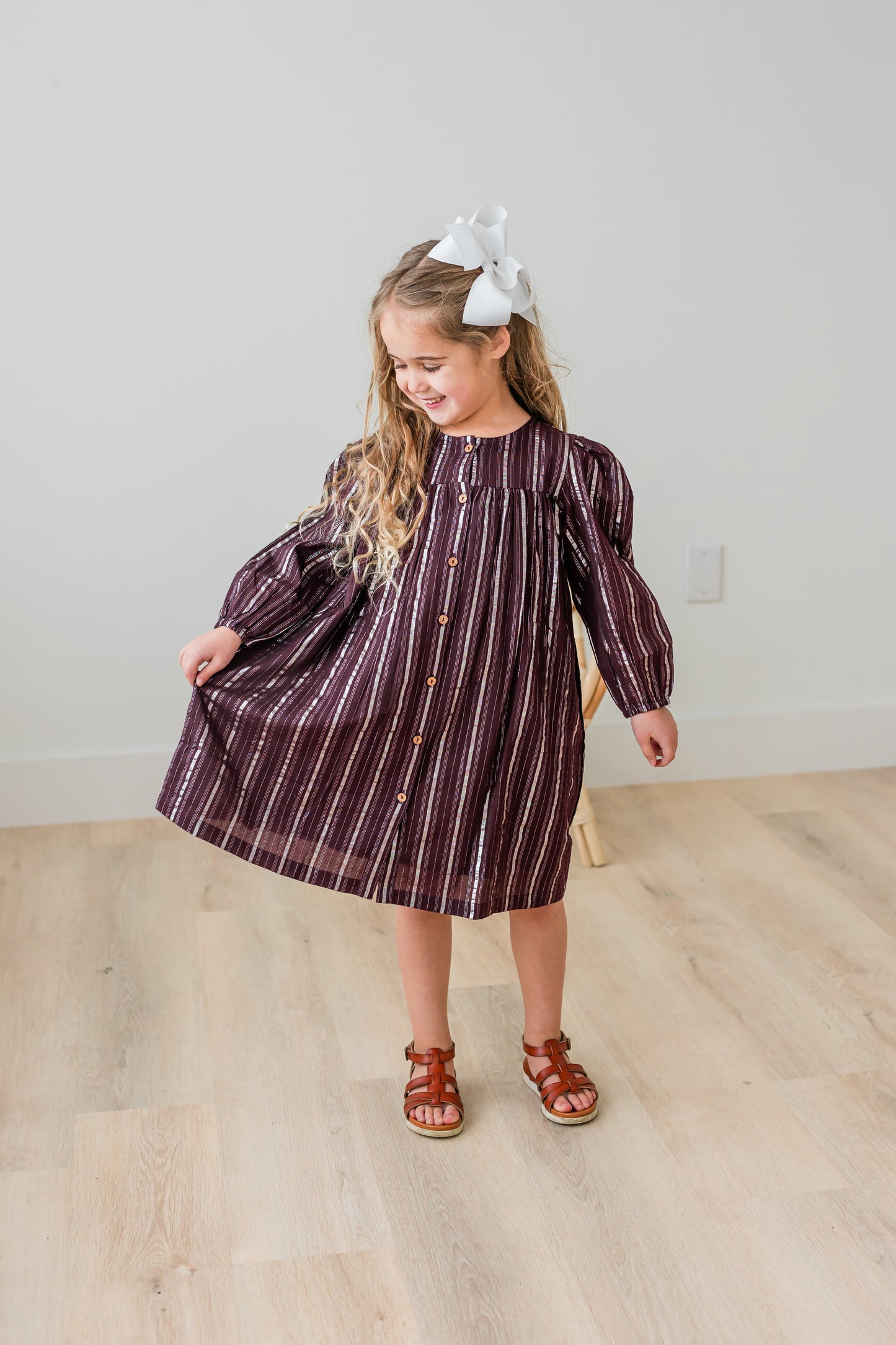 Burgundy Silver Lurex Gathered Long Sleeve Dress