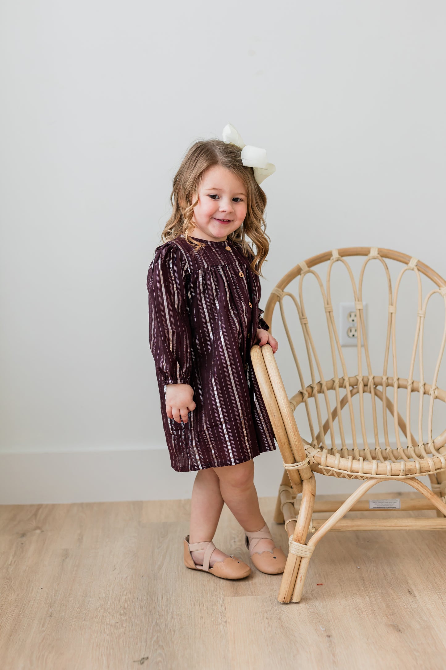 Burgundy Silver Lurex Gathered Long Sleeve Dress