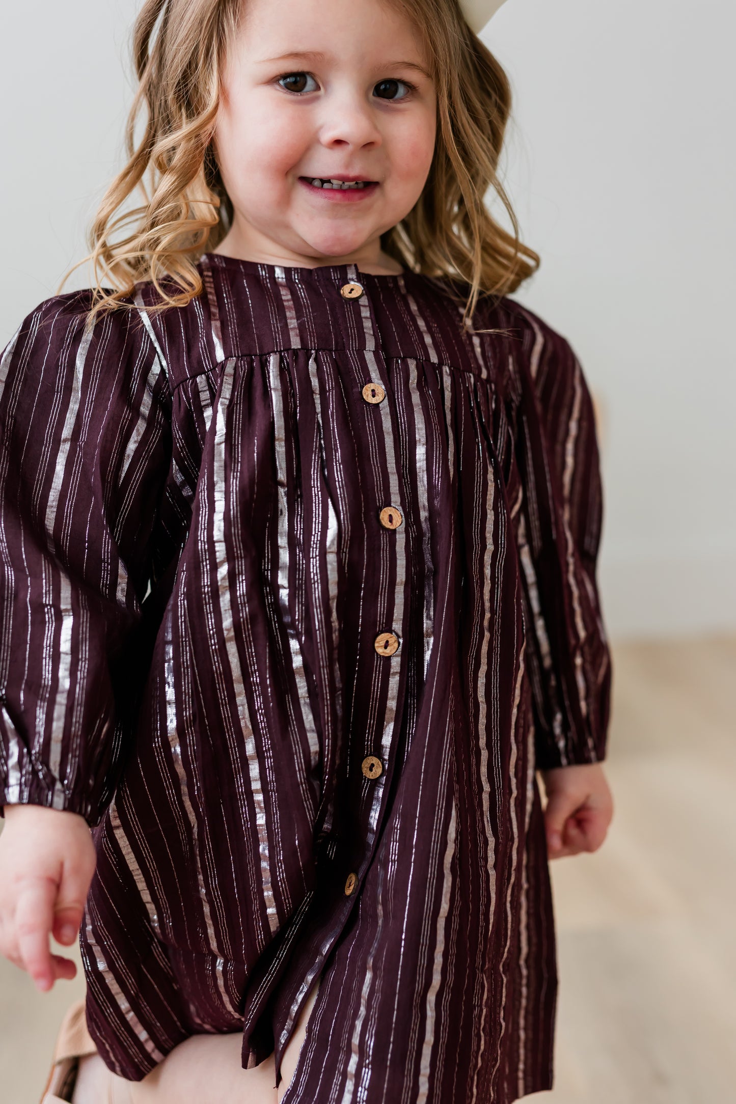 Burgundy Silver Lurex Gathered Long Sleeve Dress