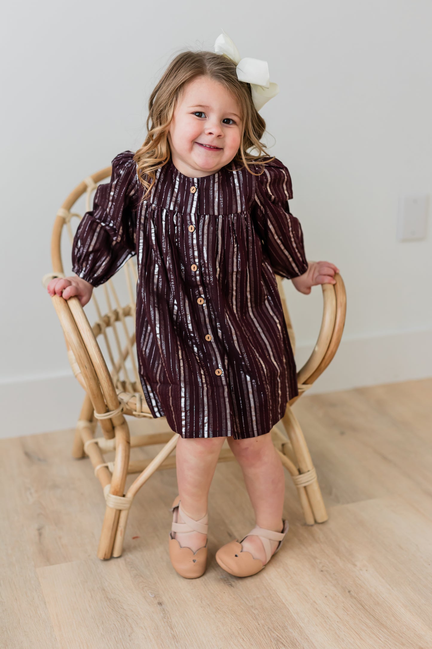 Burgundy Silver Lurex Gathered Long Sleeve Dress