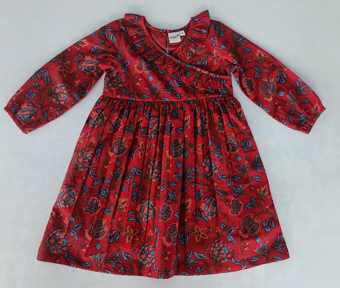 Floral Print Neck Ruffle Long-Sleeves Gathered Dress
