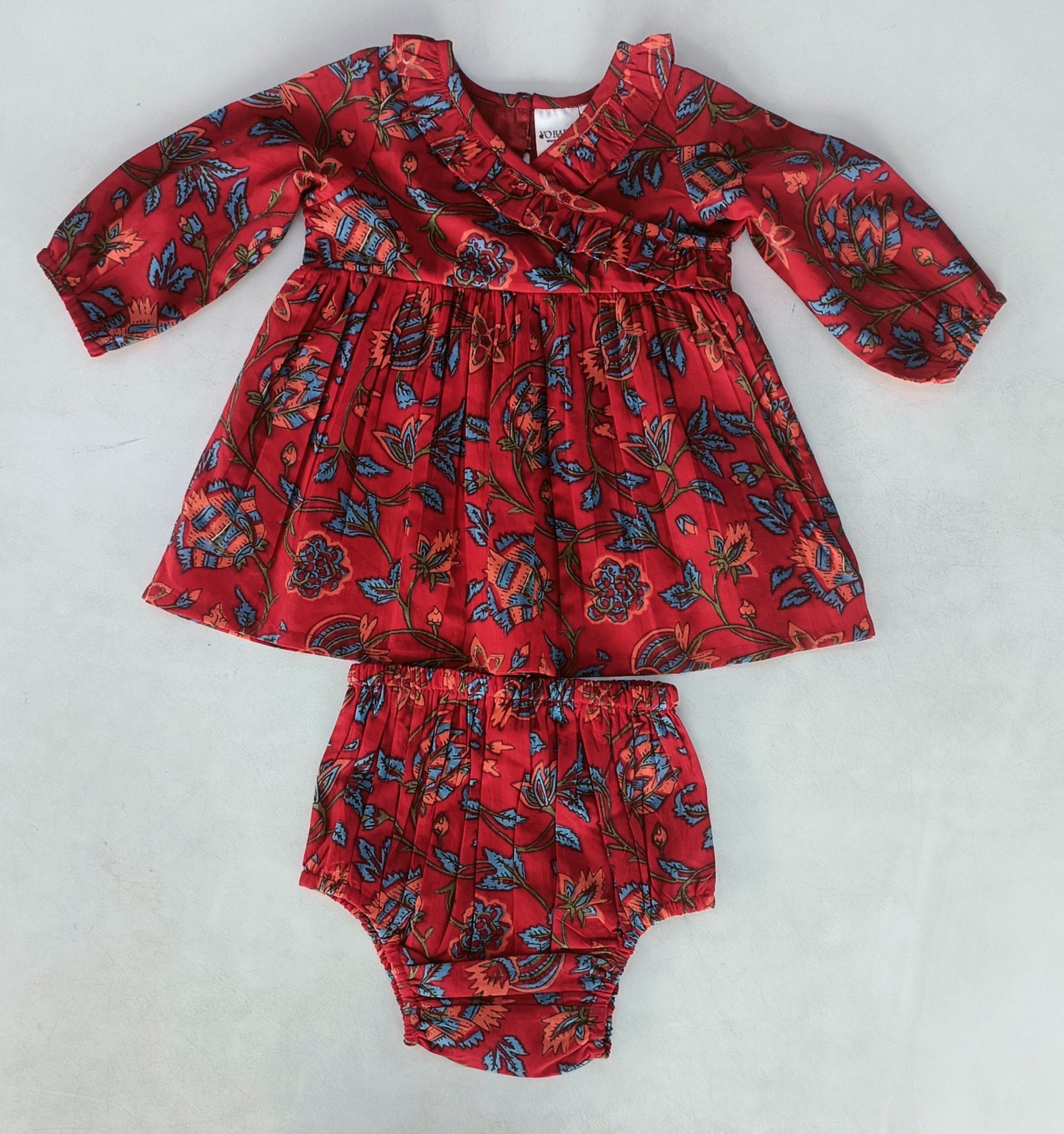 Floral Print Neck Ruffle Long-Sleeves Gathered Dress