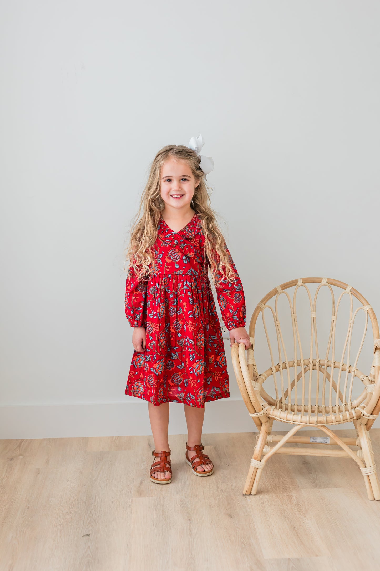 Floral Print Neck Ruffle Long-Sleeves Gathered Dress