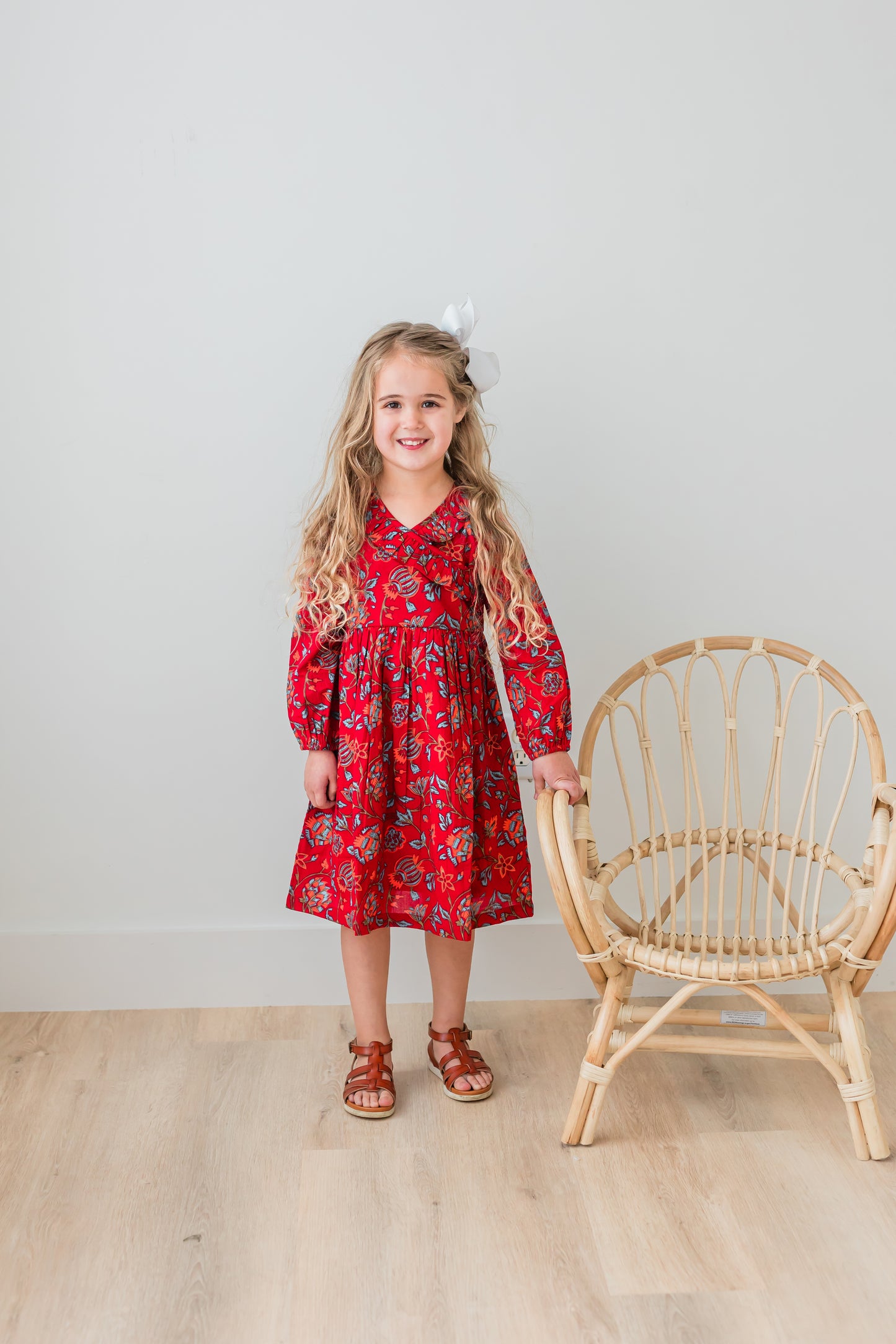 Floral Print Neck Ruffle Long-Sleeves Gathered Dress