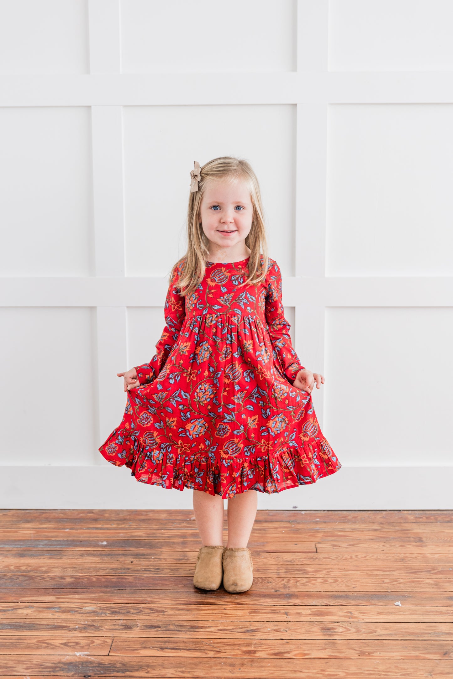 Floral Print Bottom Ruffle Long-Sleeves Gathered Dress