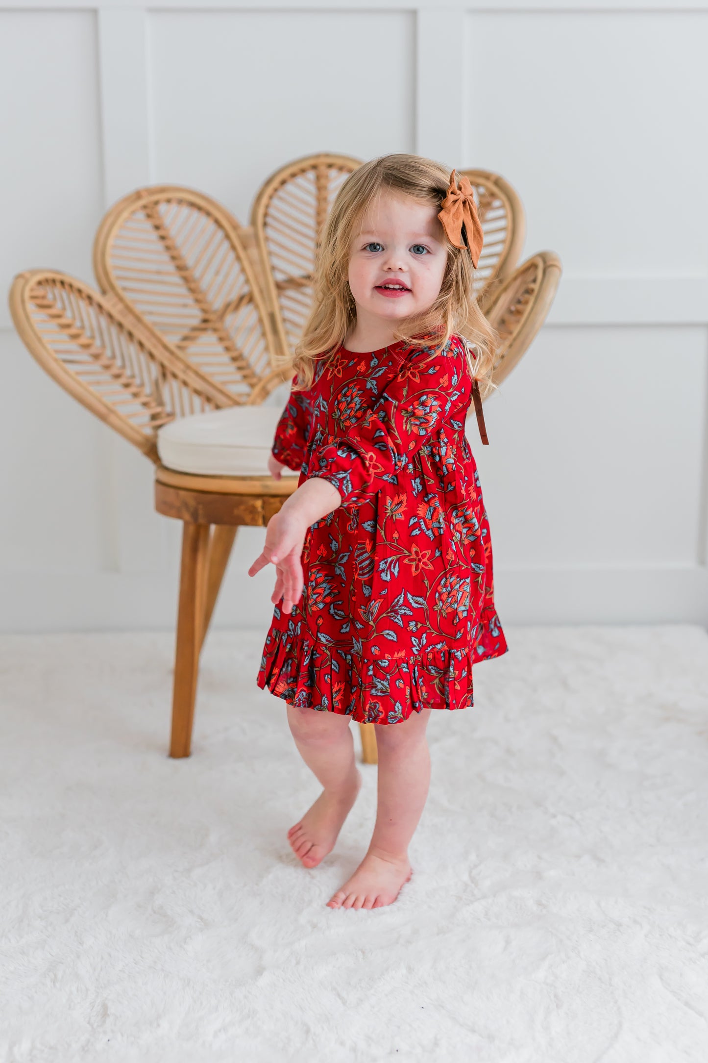 Floral Print Bottom Ruffle Long-Sleeves Gathered Dress