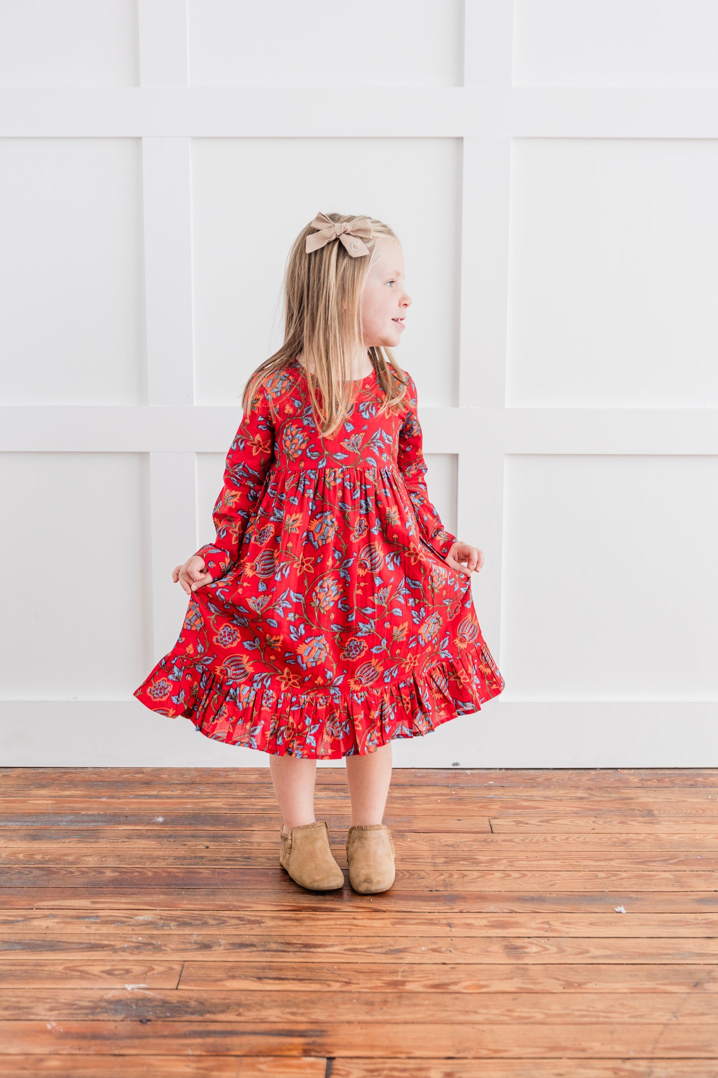 Floral Print Bottom Ruffle Long-Sleeves Gathered Dress