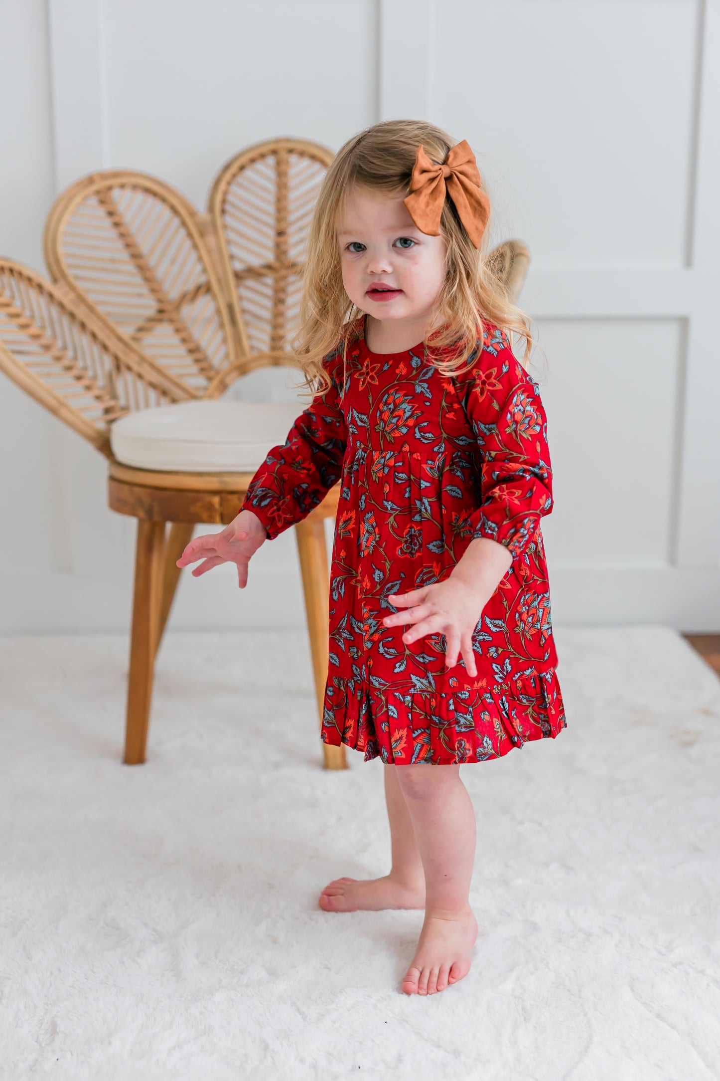 Floral Print Bottom Ruffle Long-Sleeves Gathered Dress