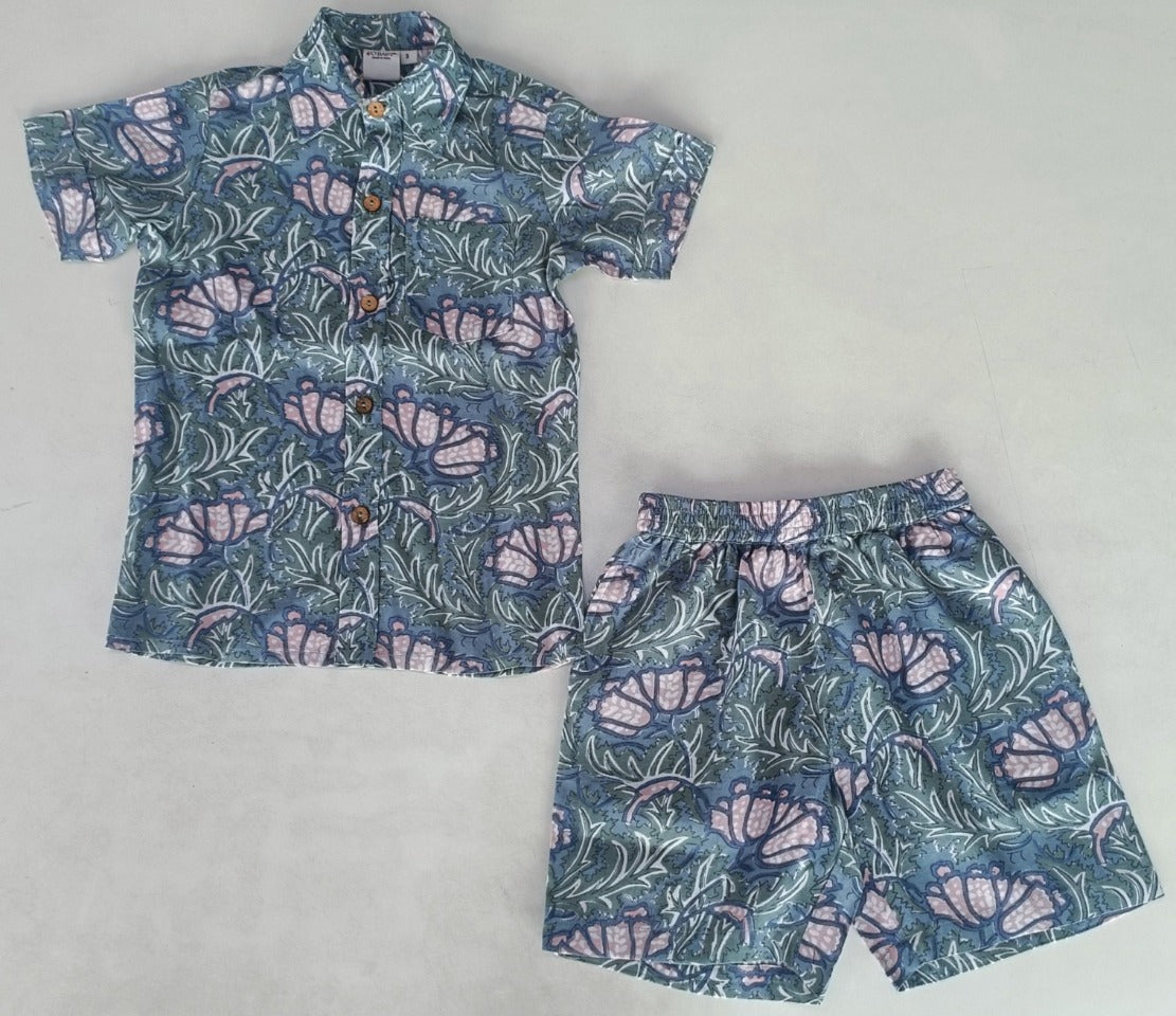 Grey Printed Boys Shirt & Shorts Set