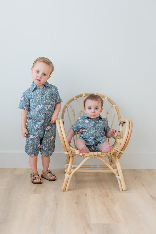 Grey Printed Boys Shirt & Shorts Set