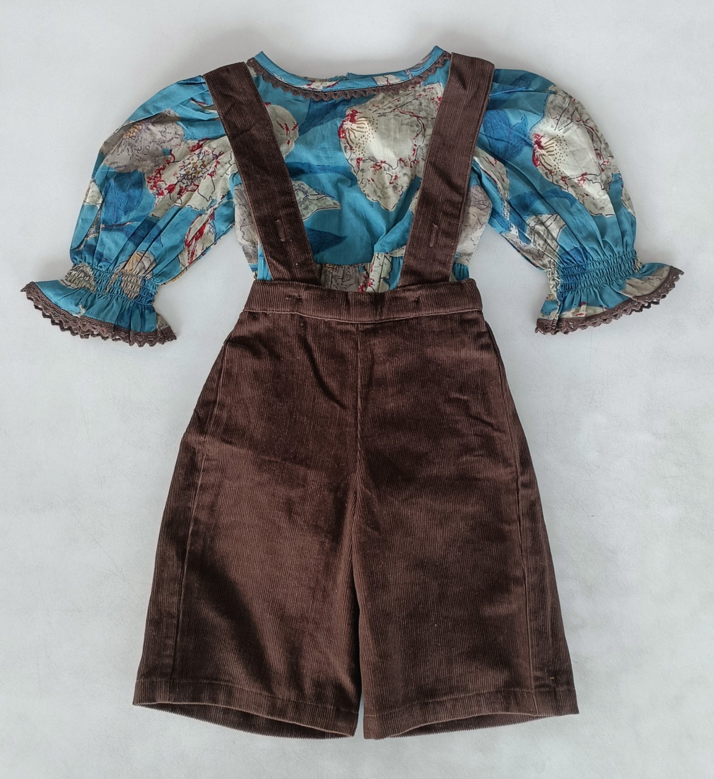 Turquoise Floral Printed Top & Brown Corduroy Pant Set