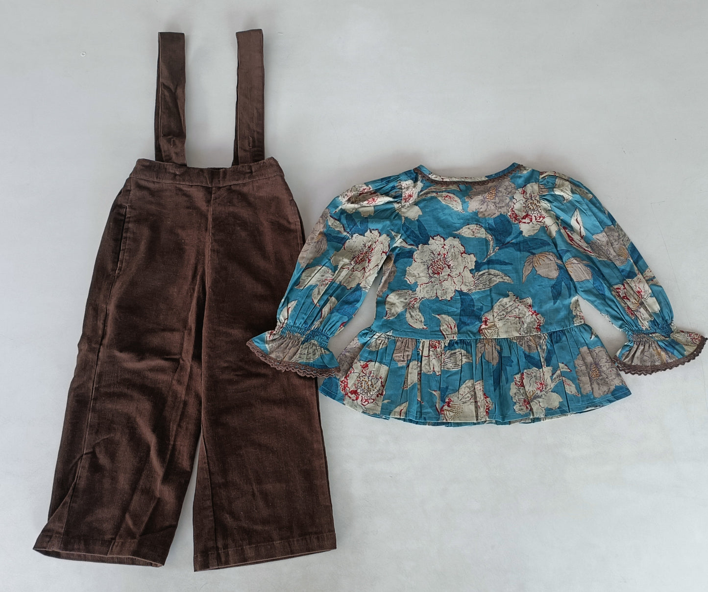Turquoise Floral Printed Top & Brown Corduroy Pant Set