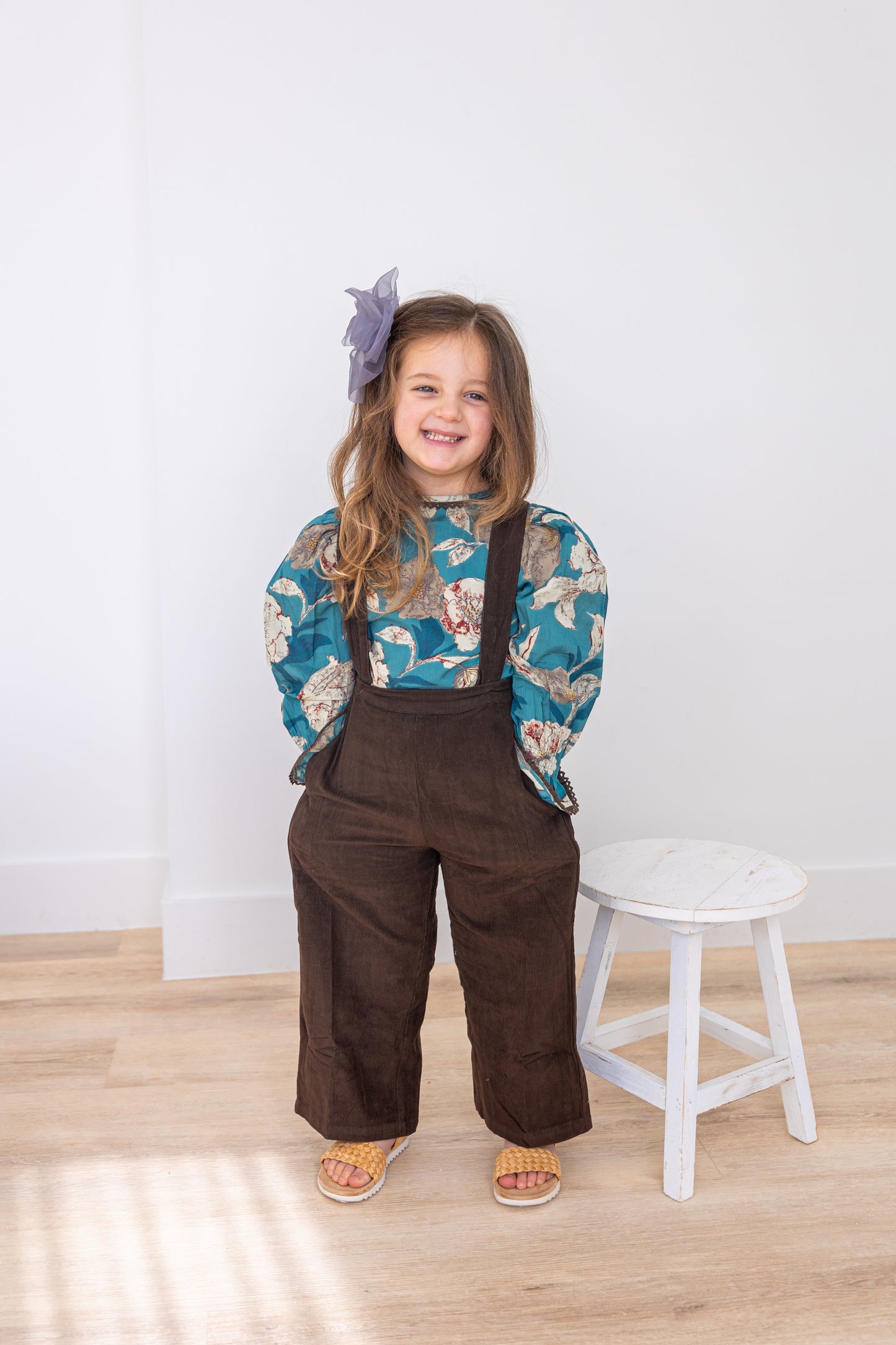 Turquoise Floral Printed Top & Brown Corduroy Pant Set