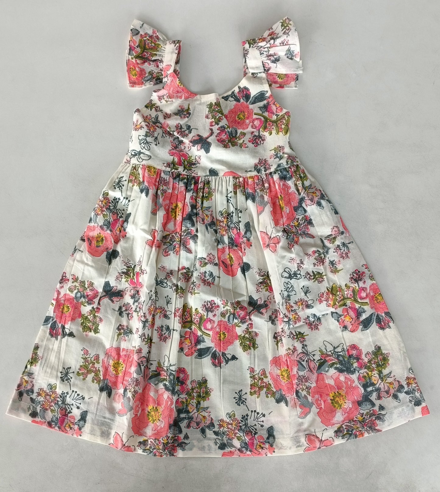 Pink Floral Print Sleeve Ruffled Gathered Dress