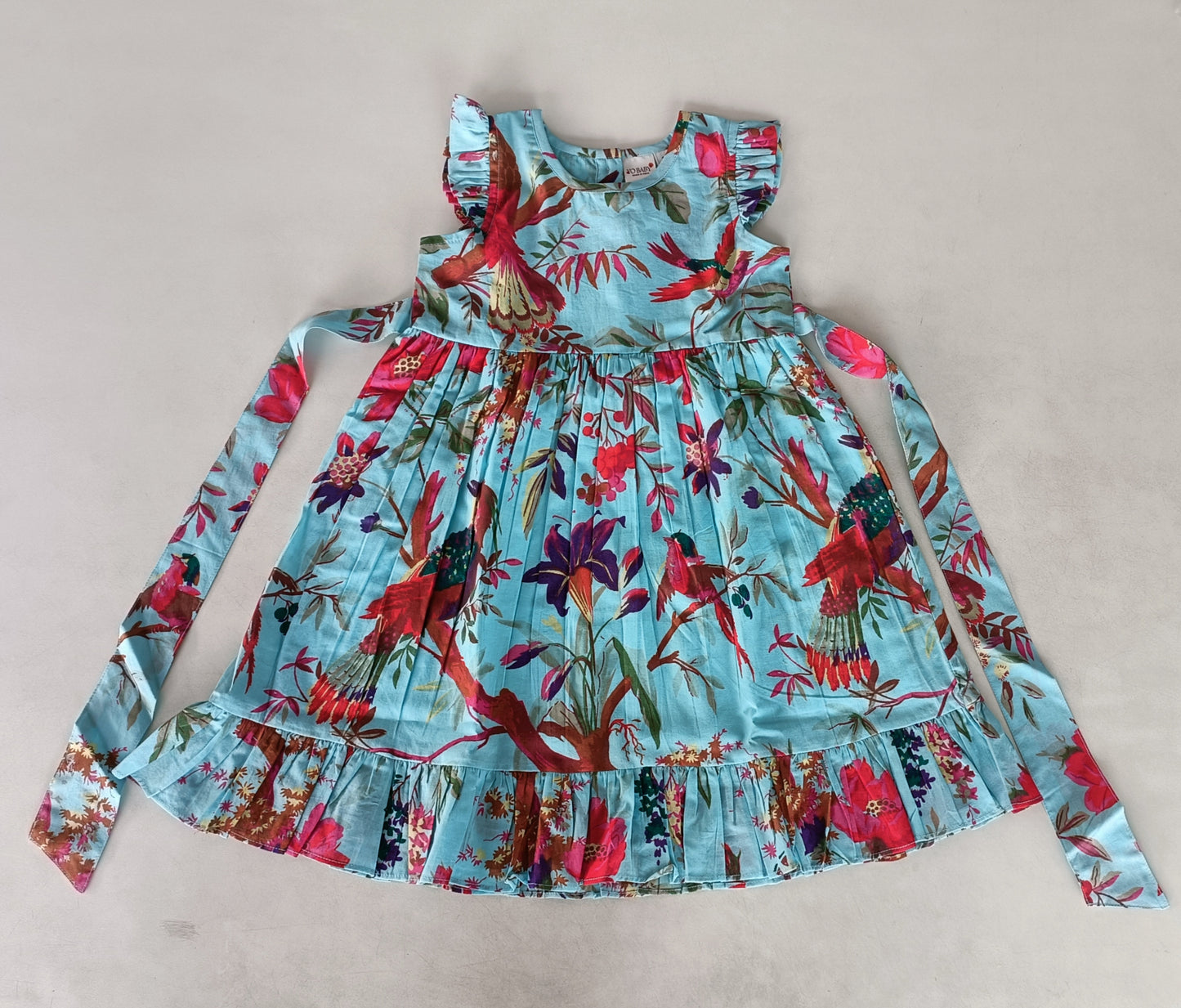 Turquoise Bird Printed Sleeve & Bottom Ruffle Dress