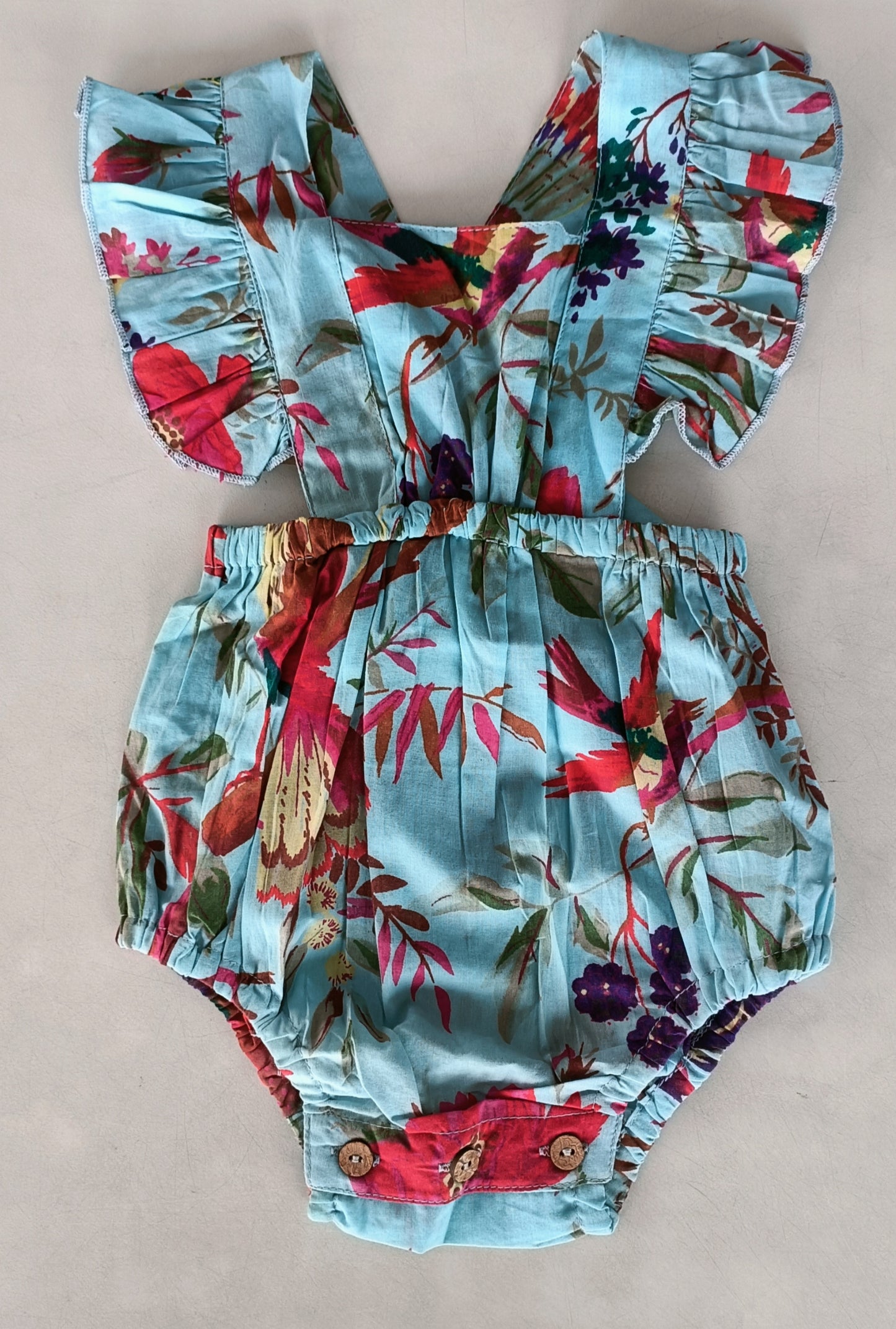 Turquoise Bird Printed Ruffled Gathered Romper
