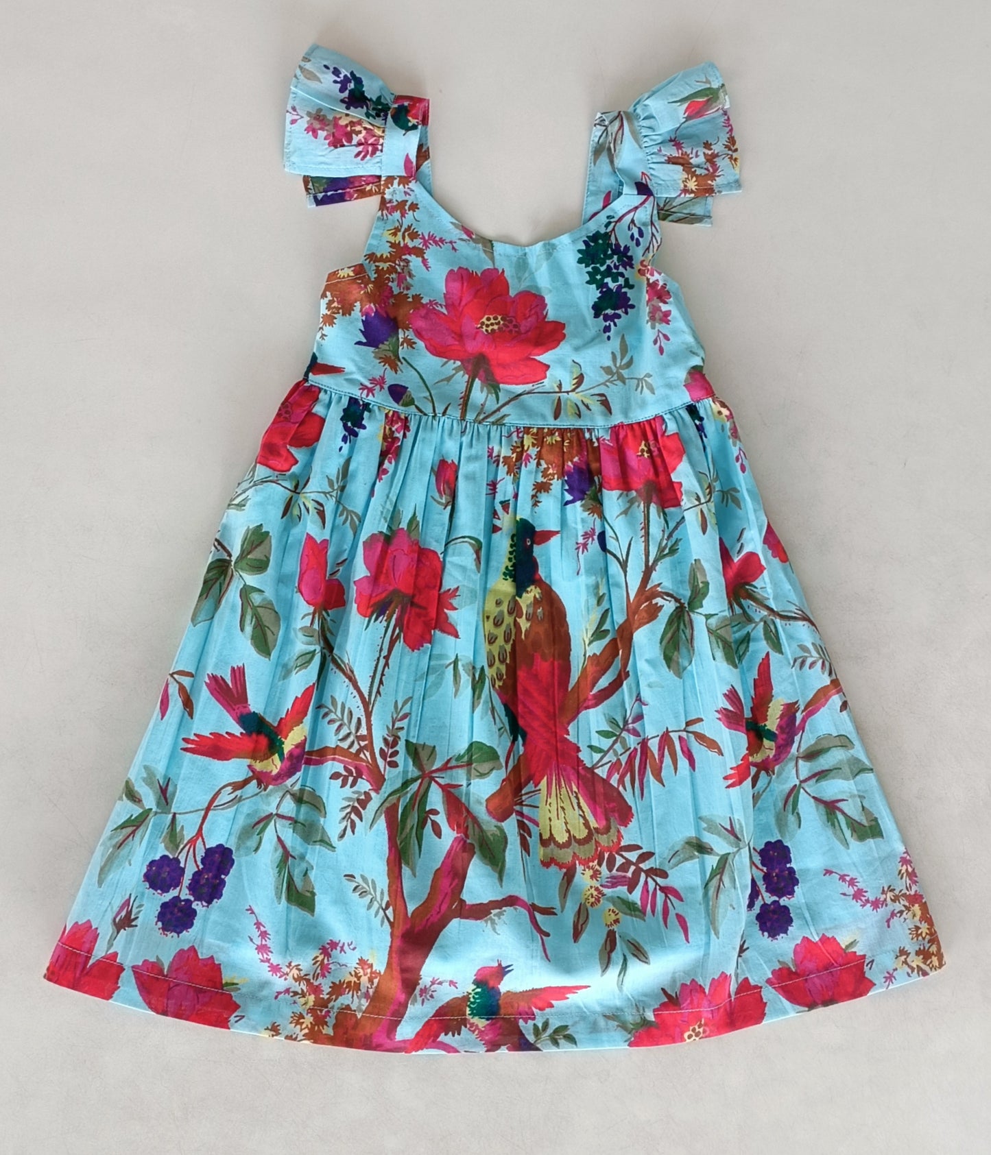 Turquoise Bird Printed Sleeve Ruffled Gathered Dress