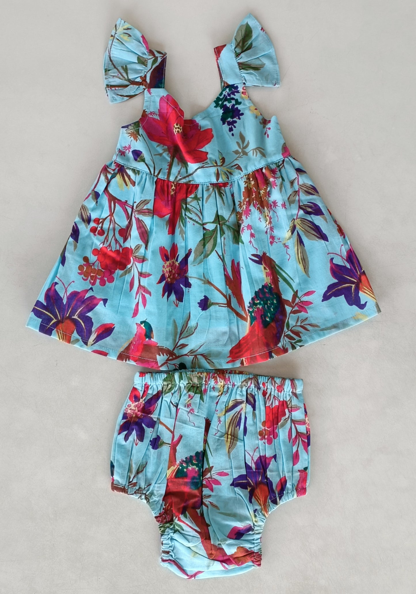 Turquoise Bird Printed Sleeve Ruffled Gathered Dress