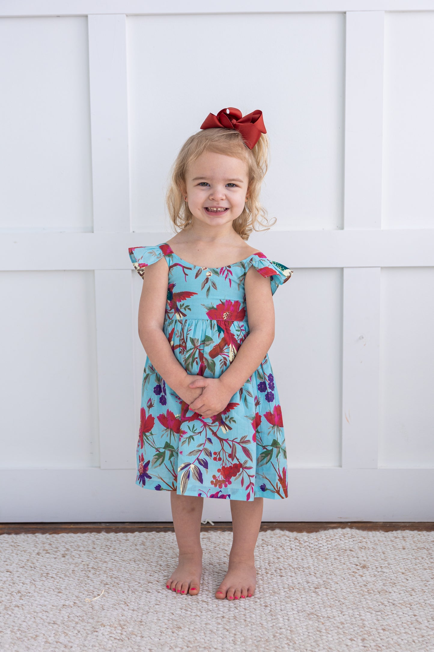Turquoise Bird Printed Sleeve Ruffled Gathered Dress