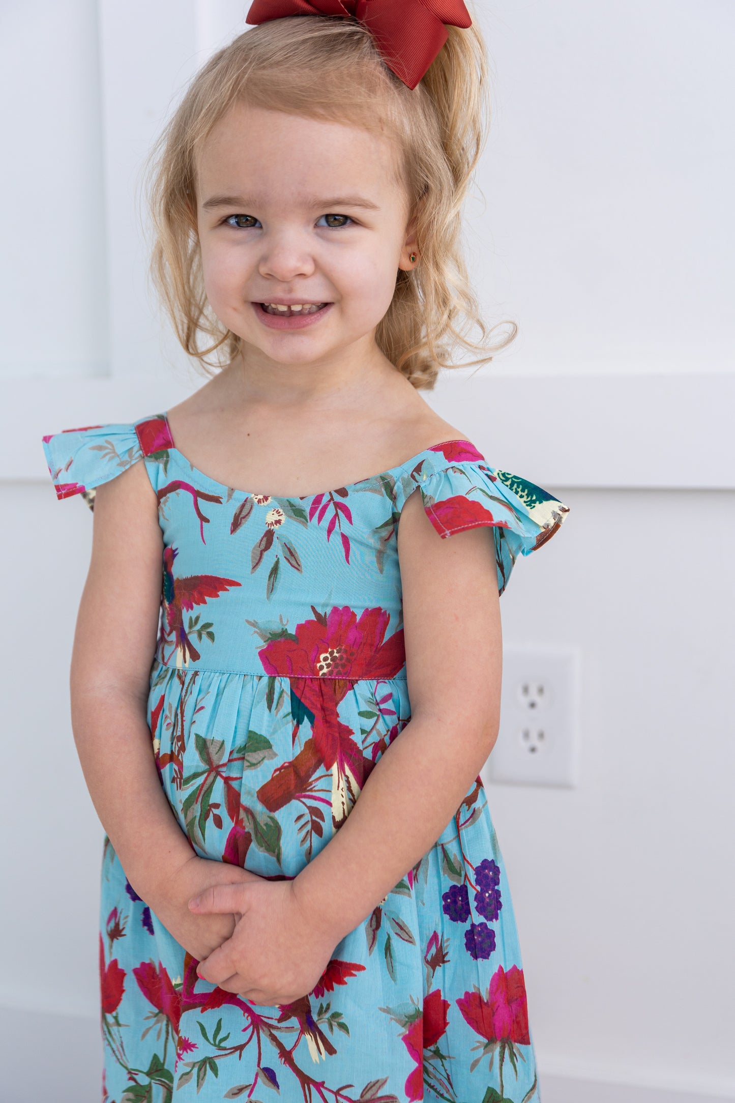 Turquoise Bird Printed Sleeve Ruffled Gathered Dress