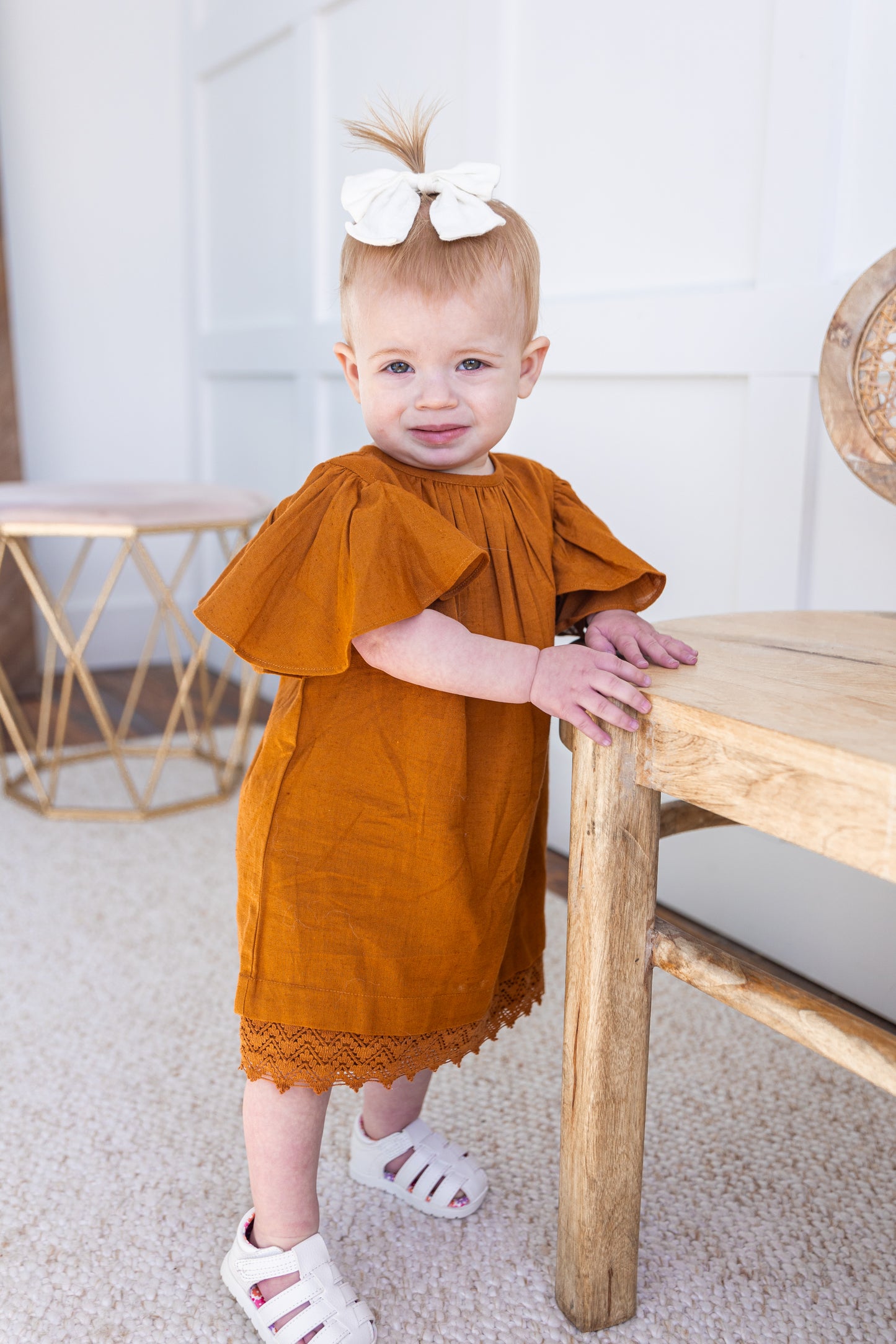 Rust Gathered Sleeve & Neck Dress