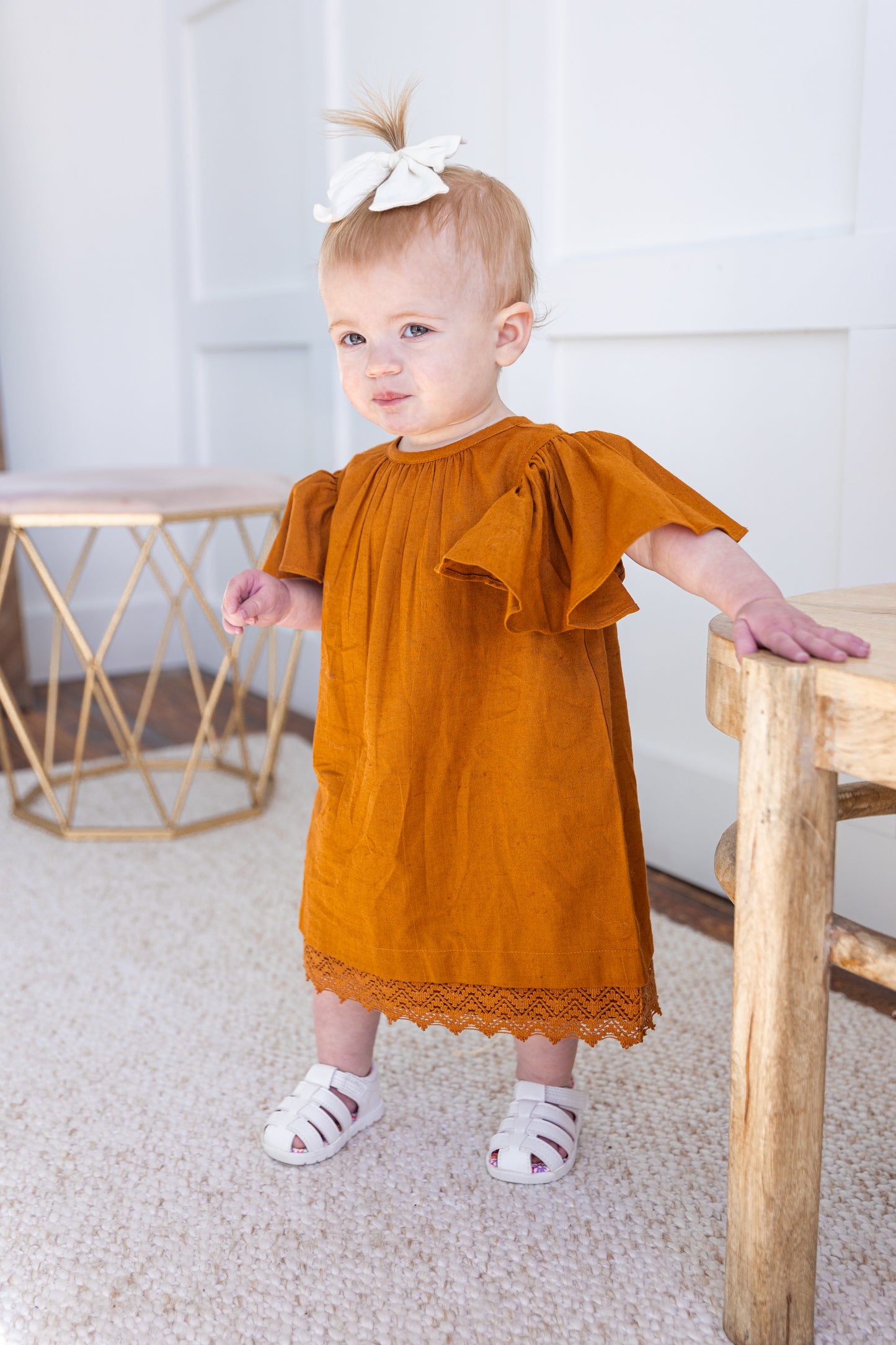 Rust Gathered Sleeve & Neck Dress
