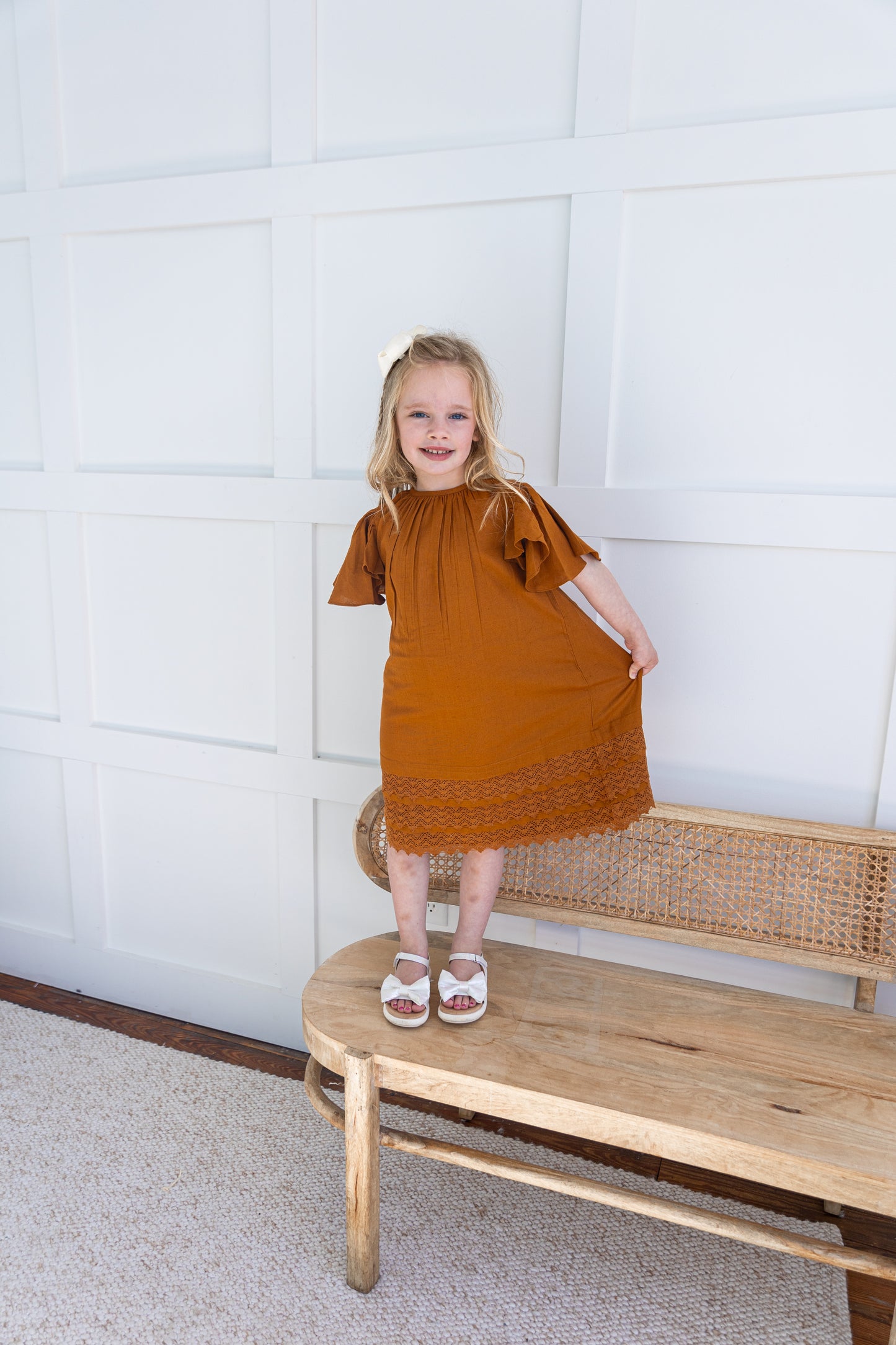Rust Gathered Sleeve & Neck Dress