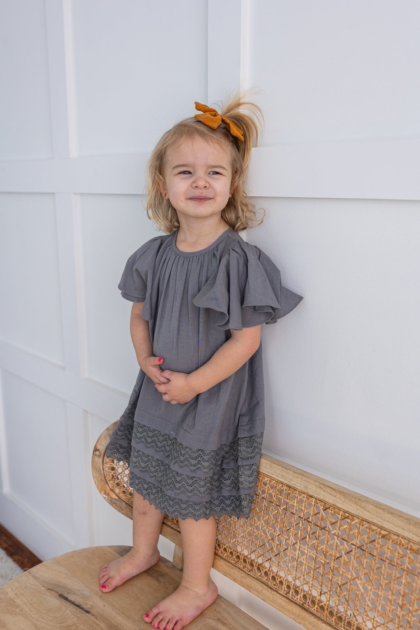 Grey Sleeve & Neck Gathered Dress