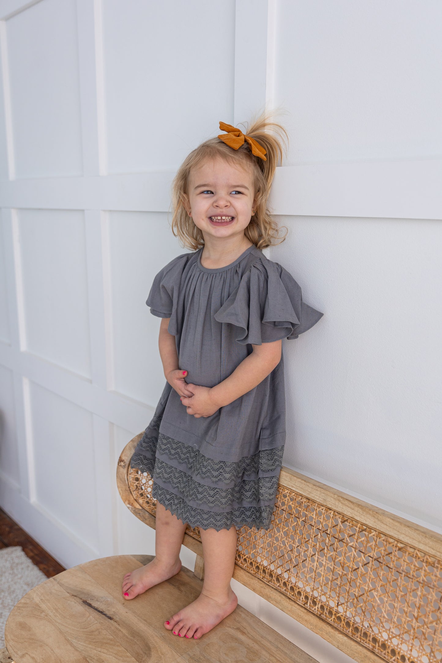 Grey Sleeve & Neck Gathered Dress