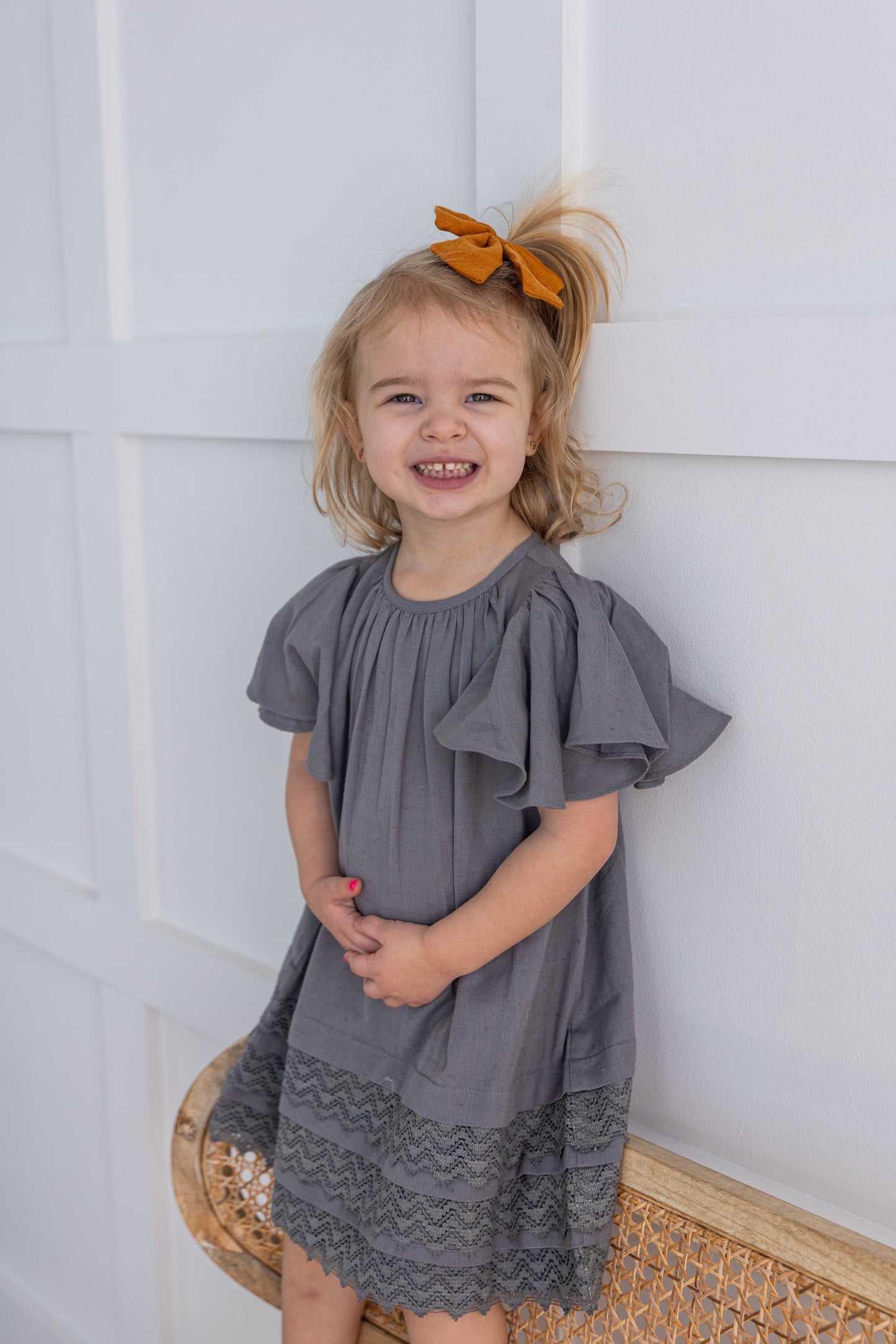 Grey Sleeve & Neck Gathered Dress