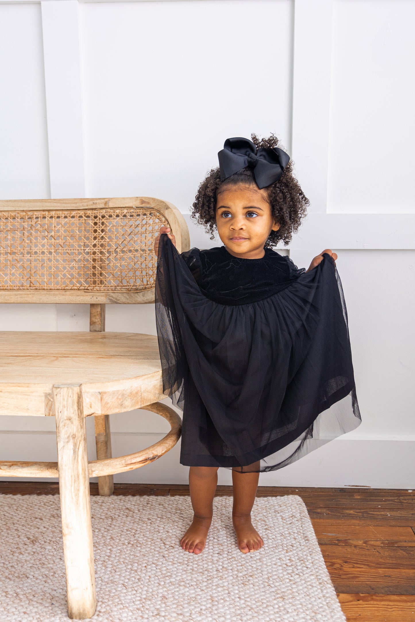 Black Velvet & Tulle Puff Sleeves Gathered Dress