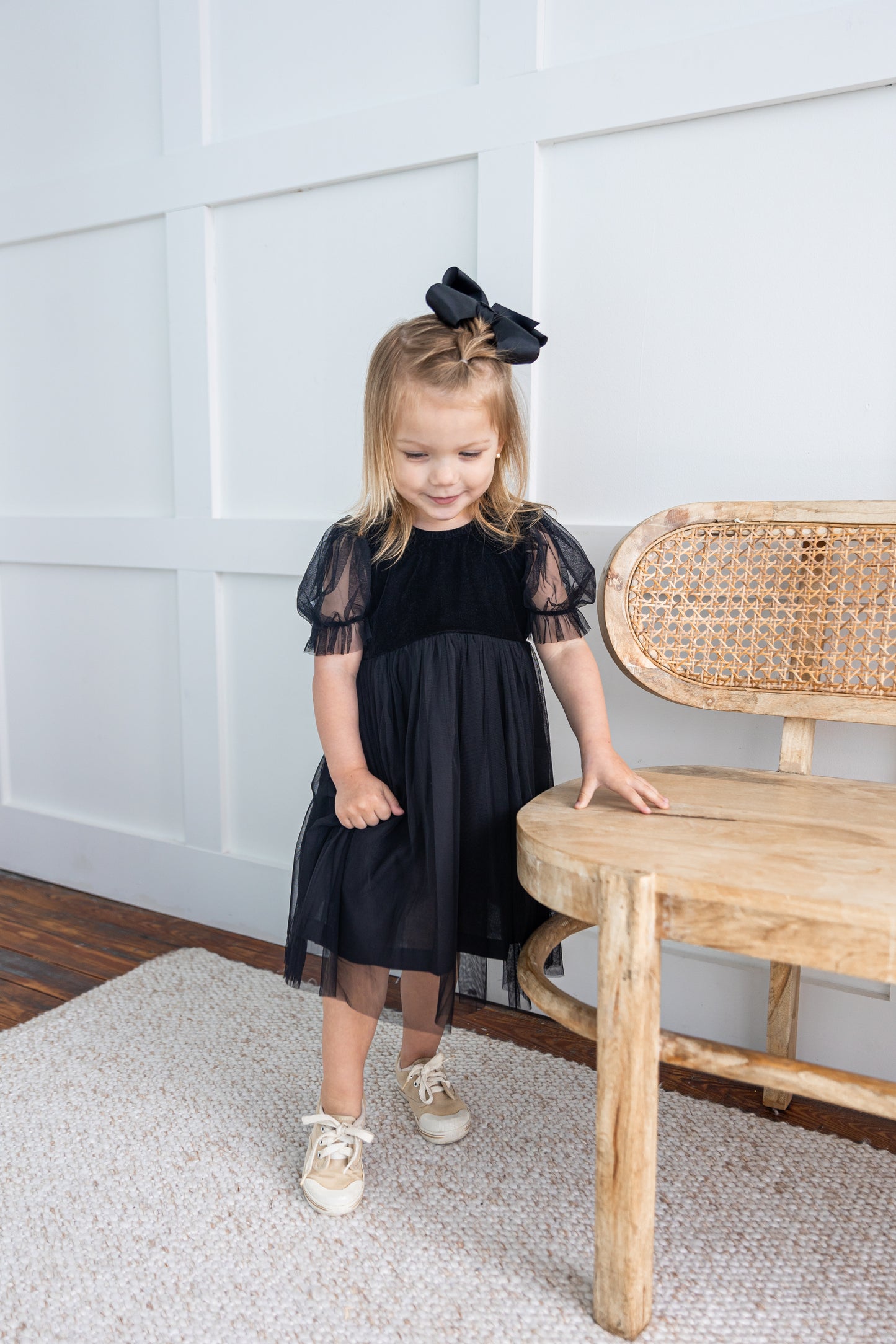 Black Velvet & Tulle Puff Sleeves Gathered Dress
