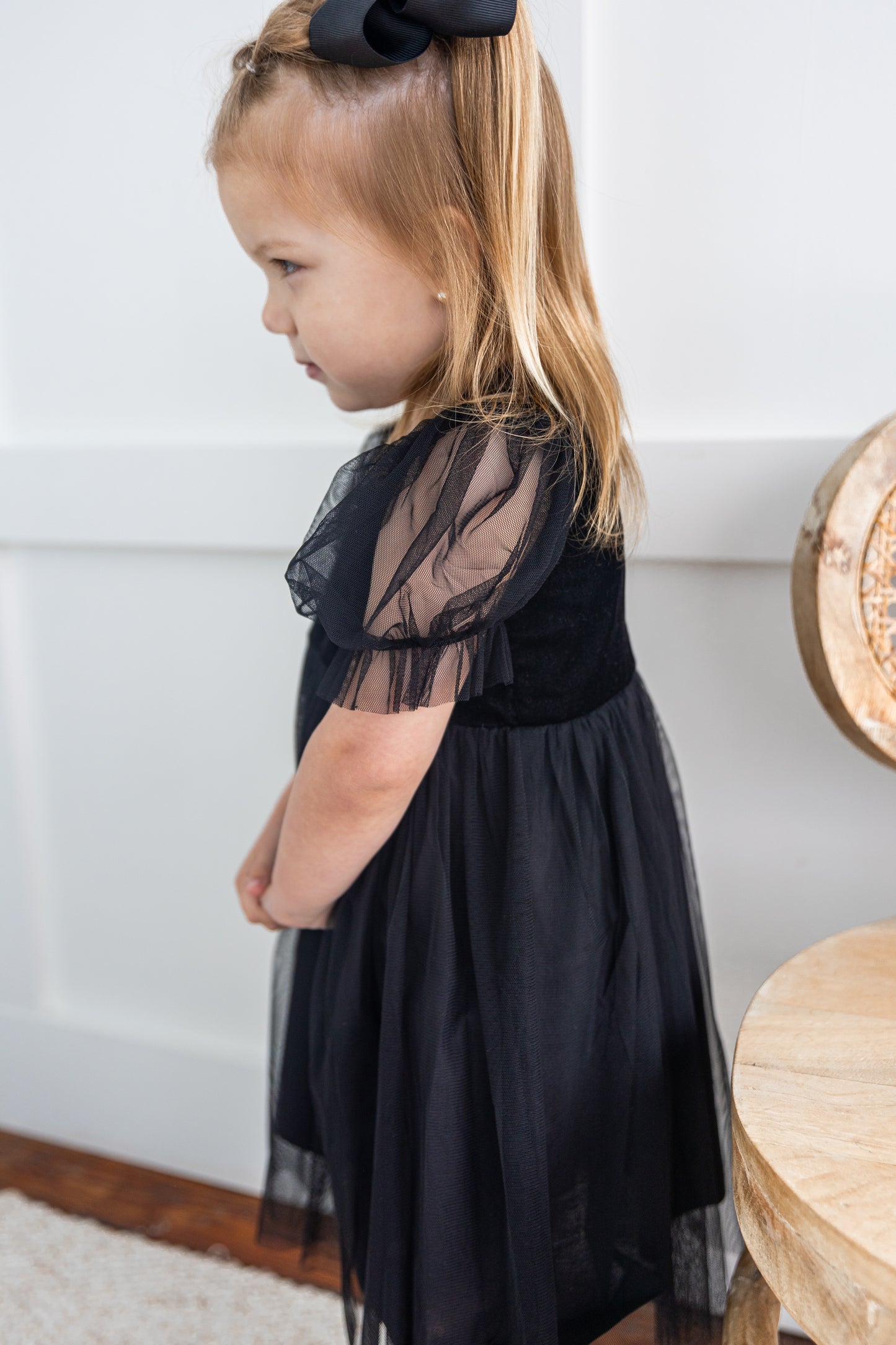 Black Velvet & Tulle Puff Sleeves Gathered Dress