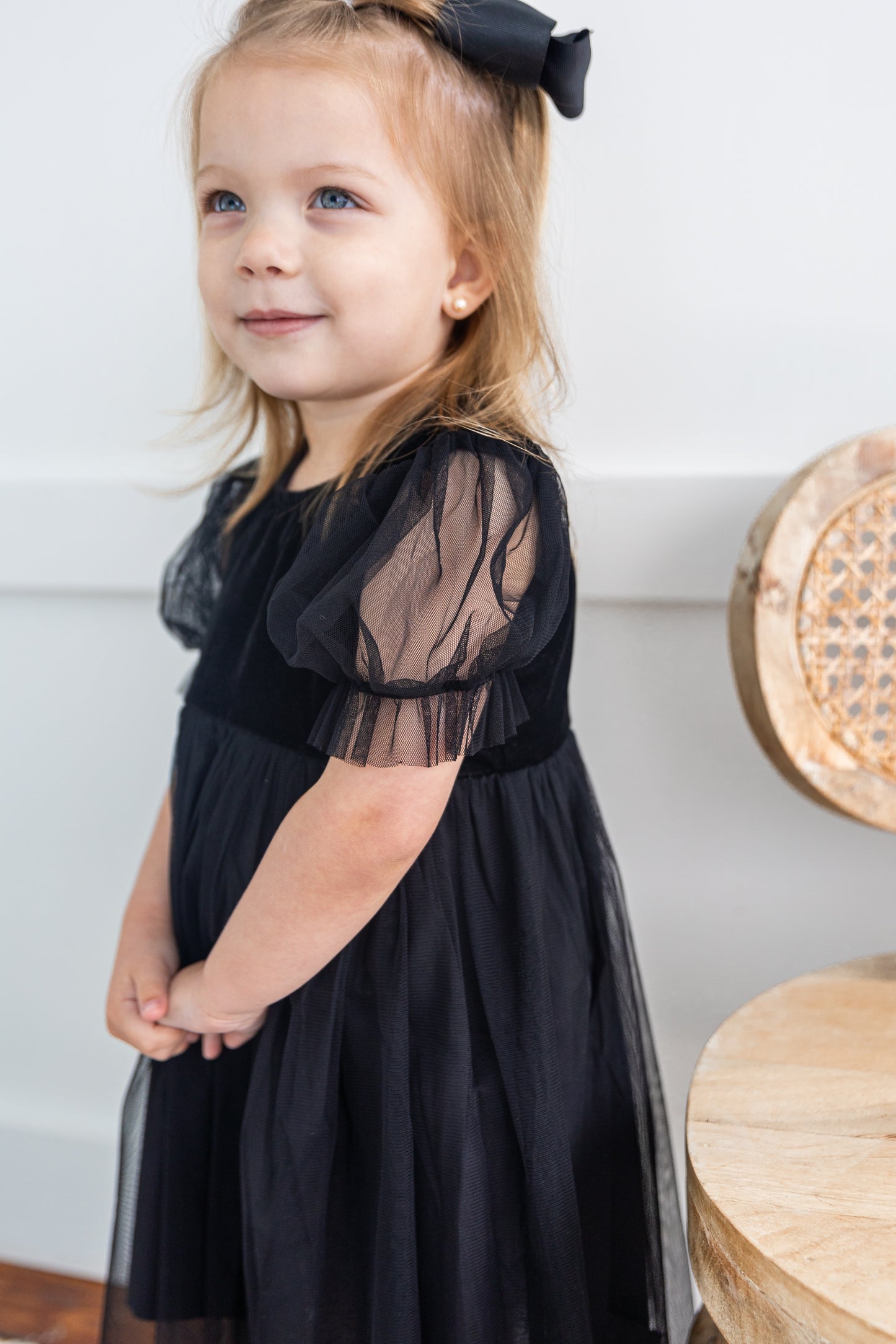 Black Velvet & Tulle Puff Sleeves Gathered Dress