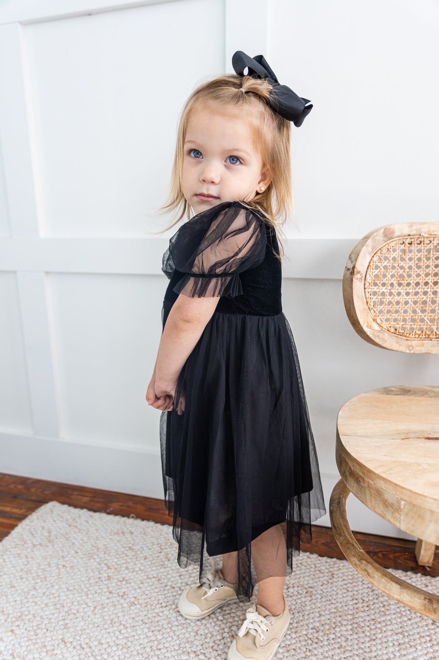 Black Velvet & Tulle Puff Sleeves Gathered Dress