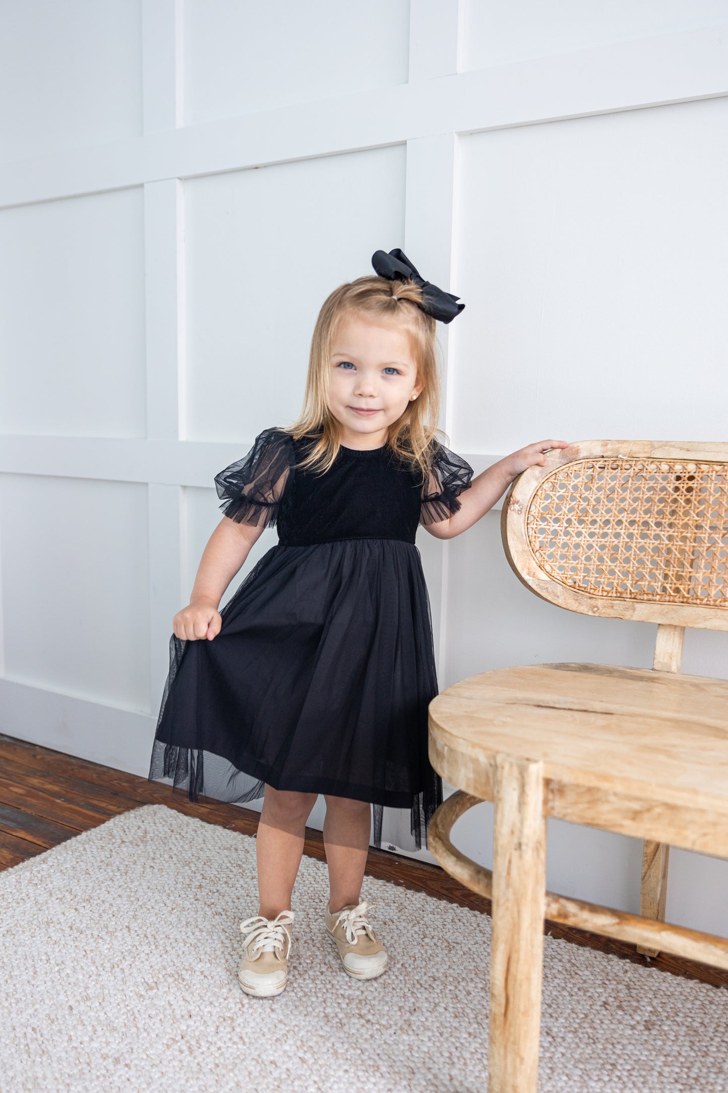 Black Velvet & Tulle Puff Sleeves Gathered Dress