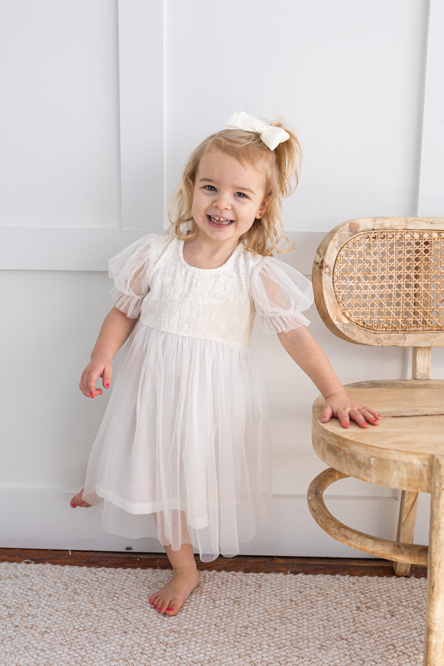 White Velvet & Tulle Puff Sleeves Gathered Dress