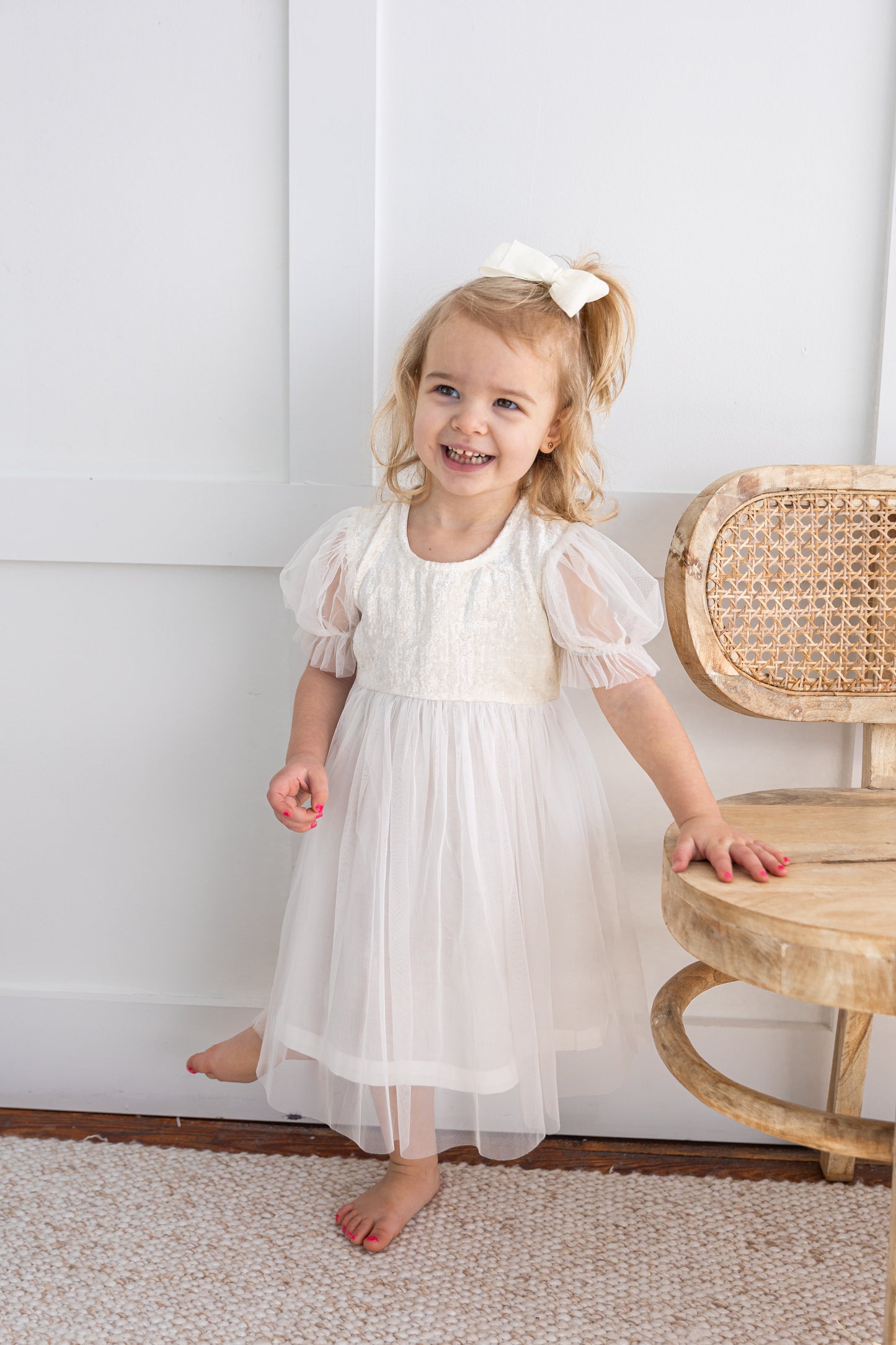 White Velvet & Tulle Puff Sleeves Gathered Dress