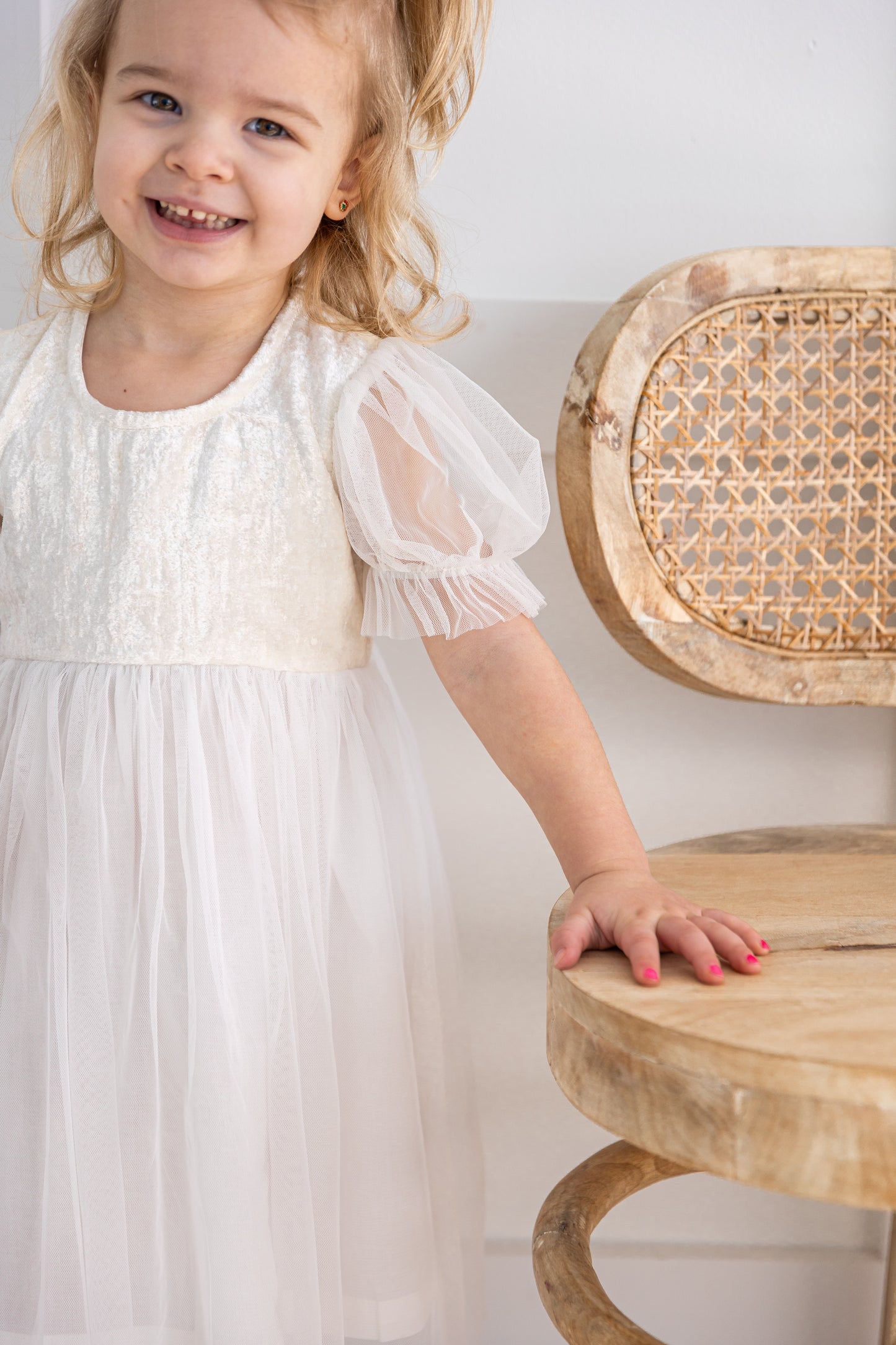 White Velvet & Tulle Puff Sleeves Gathered Dress