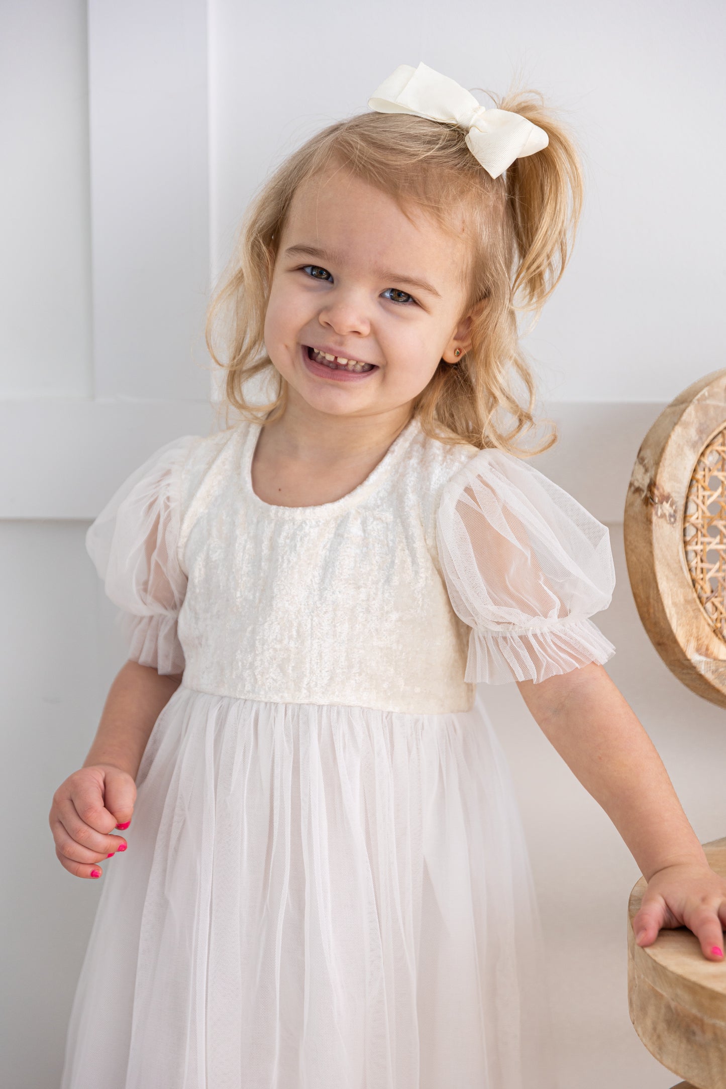 White Velvet & Tulle Puff Sleeves Gathered Dress