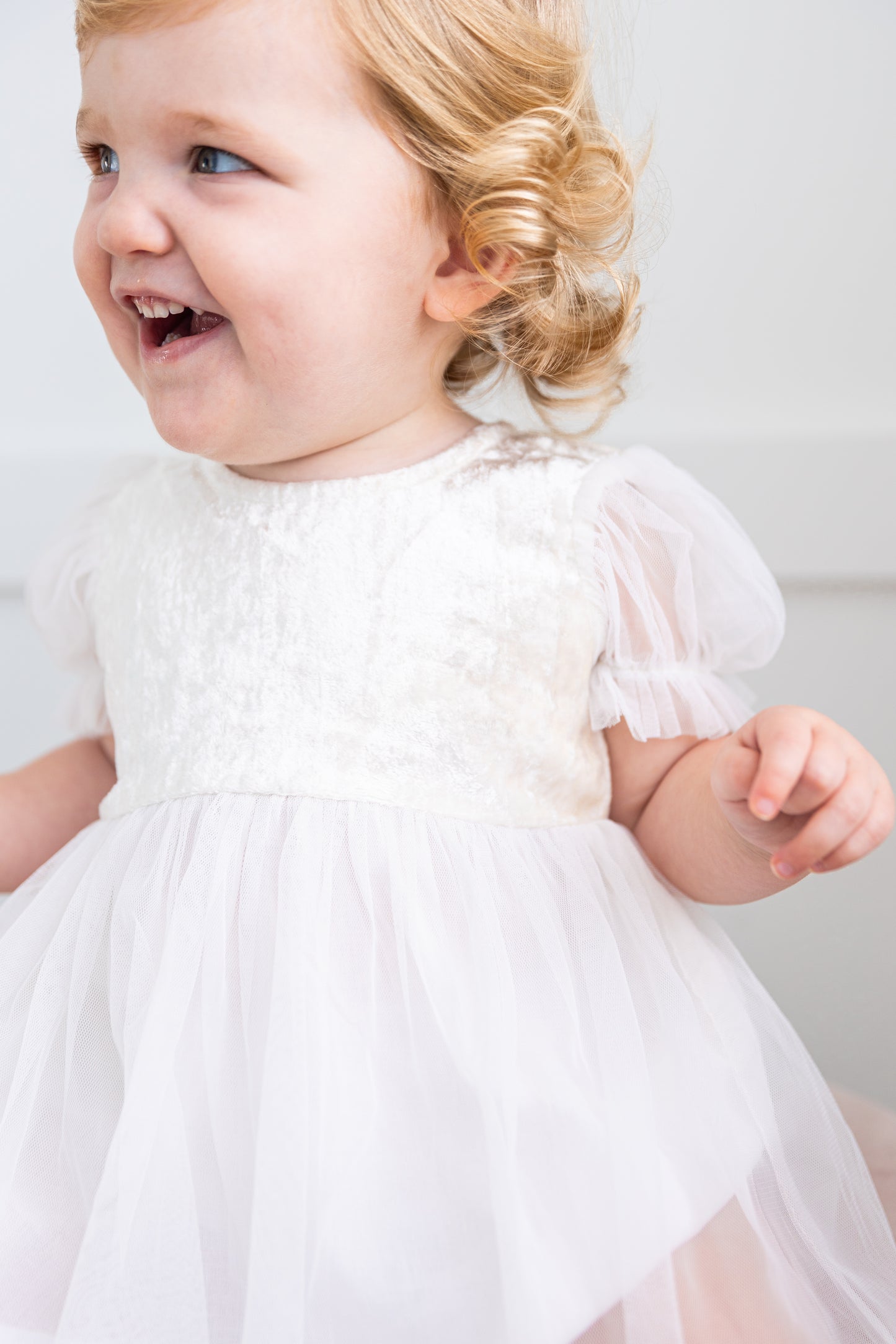 White Velvet & Tulle Puff Sleeves Gathered Dress