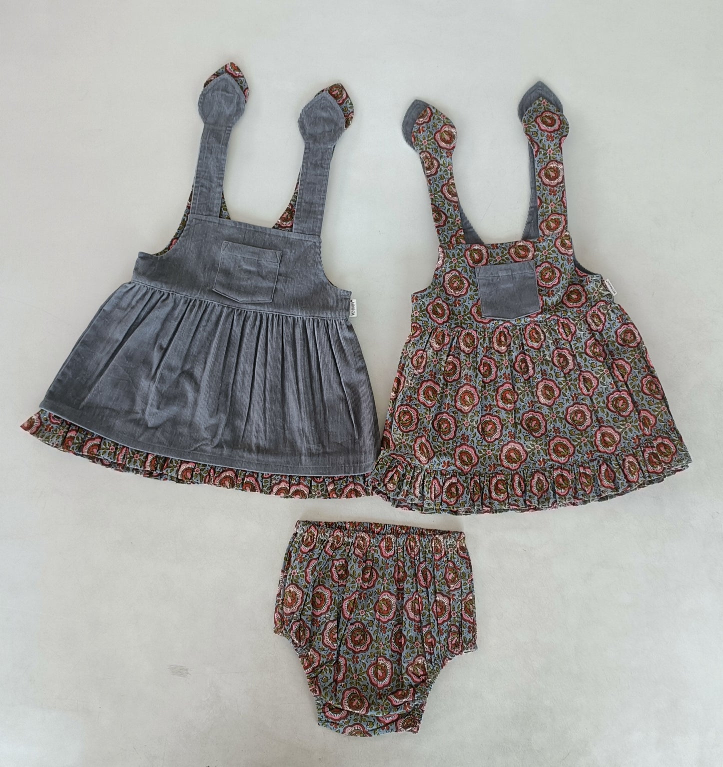 Reversible Grey Corduroy & Grey Floral Printed Ruffle Dress