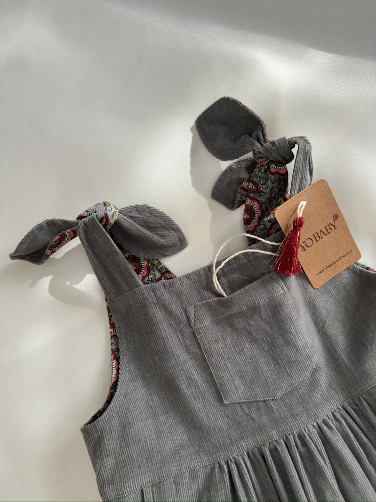 Reversible Grey Corduroy & Grey Floral Printed Ruffle Dress