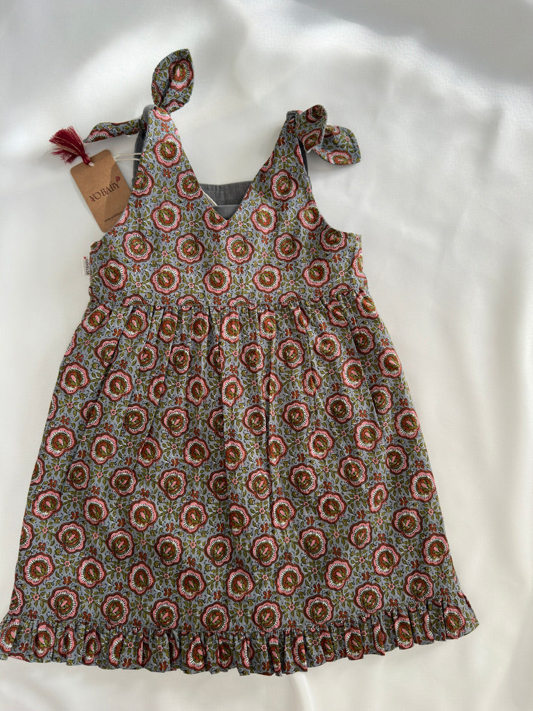 Reversible Grey Corduroy & Grey Floral Printed Ruffle Dress