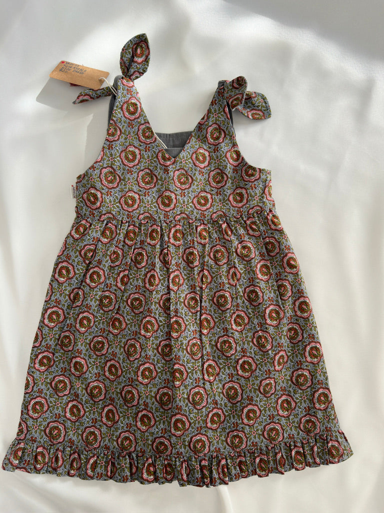 Reversible Grey Corduroy & Grey Floral Printed Ruffle Dress