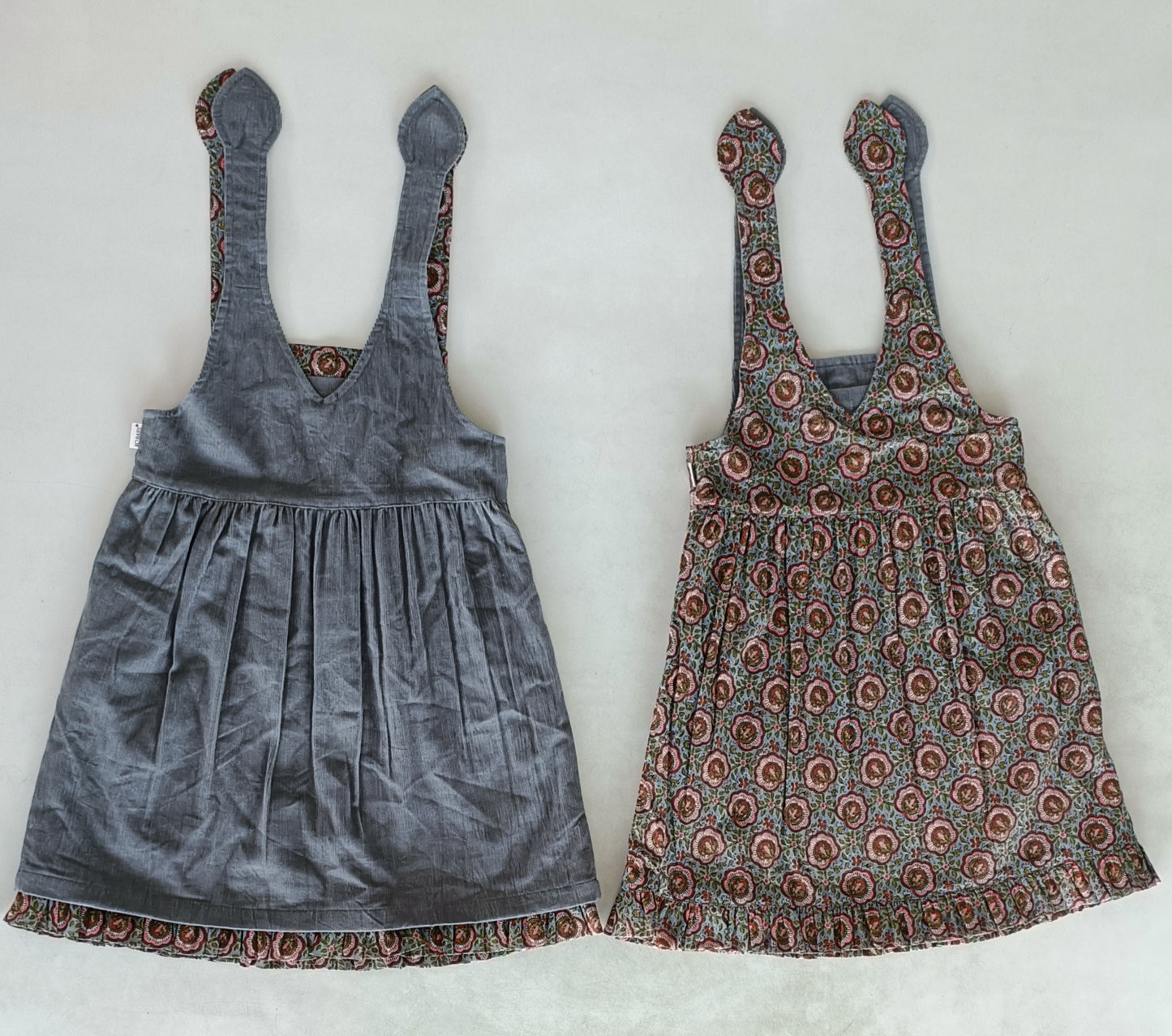 Reversible Grey Corduroy & Grey Floral Printed Ruffle Dress